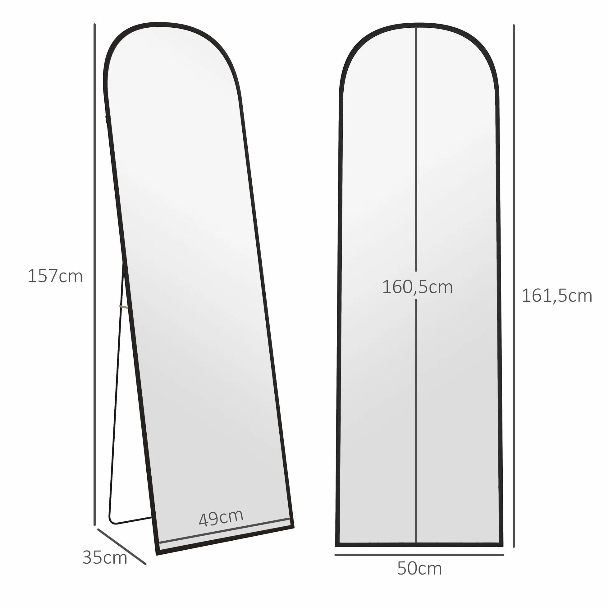 HOMCOM Miroir sur Pied Mural Rectangulaire Cadre Aluminium 50 x 161,5 cm Noir
