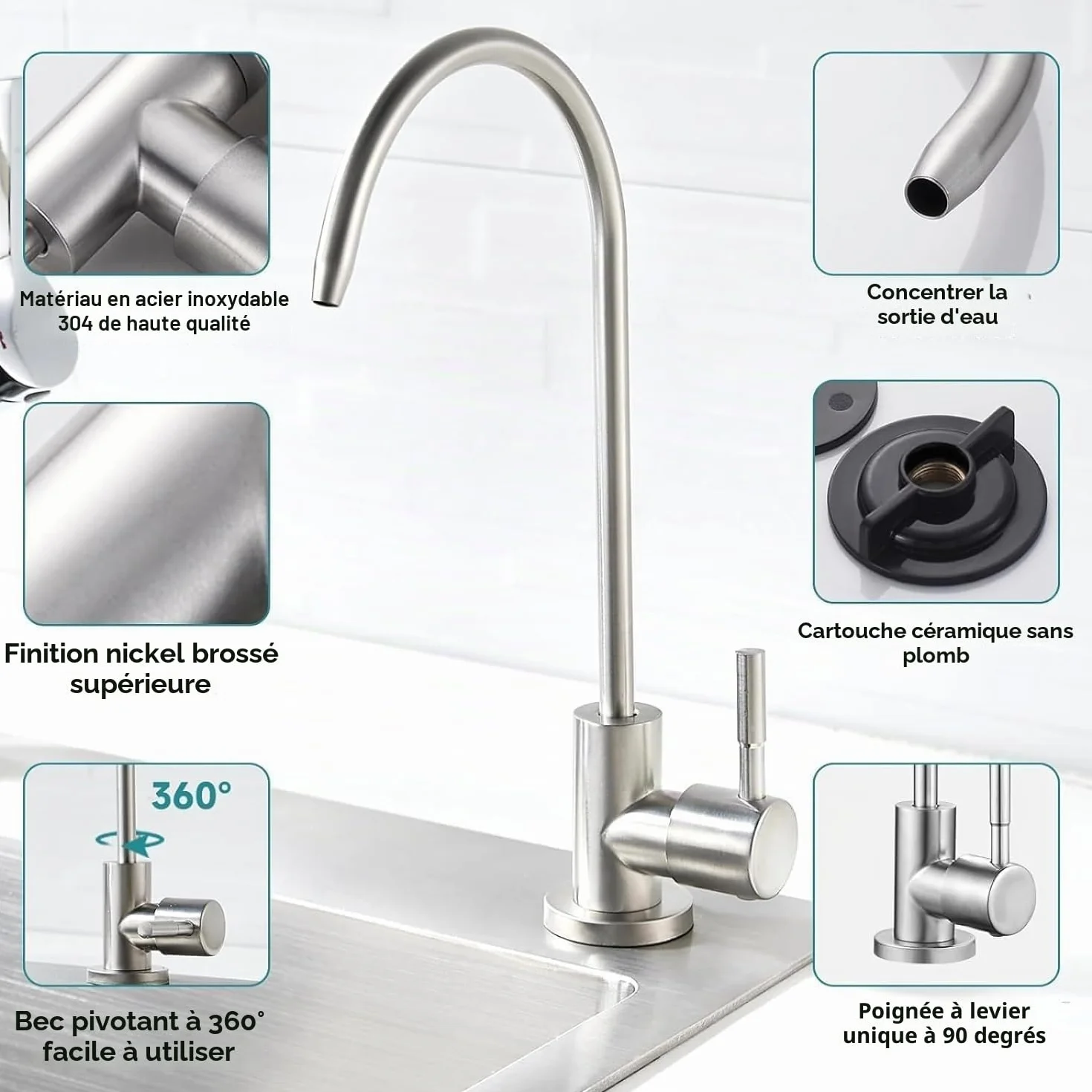 Robinet de Filtre à Eau Inox 1/4", 360° Pivotant pour Osmose Inverse Sous Évier