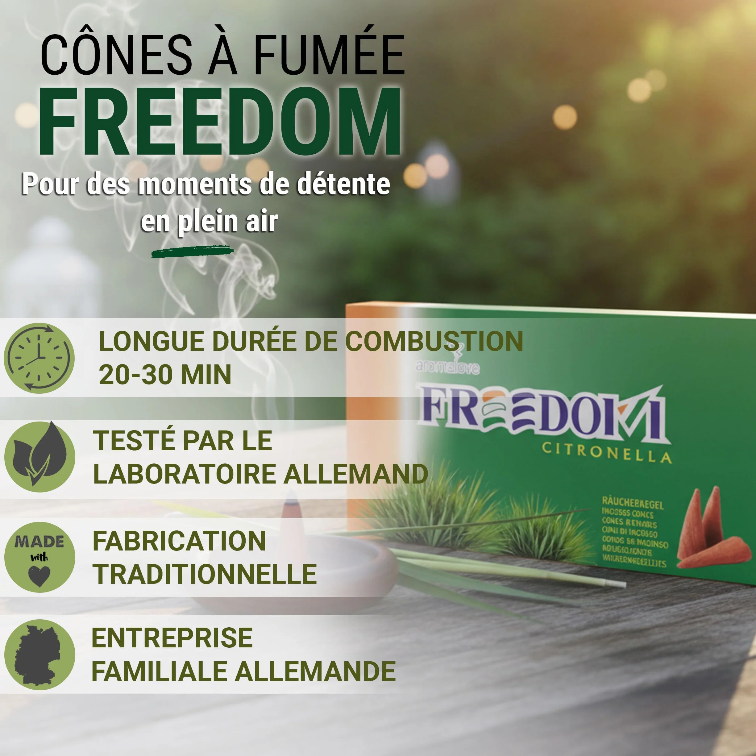Aromalove Cônes d'encens XXL Freedom Citronnelle Longue durée Paquet de 50
