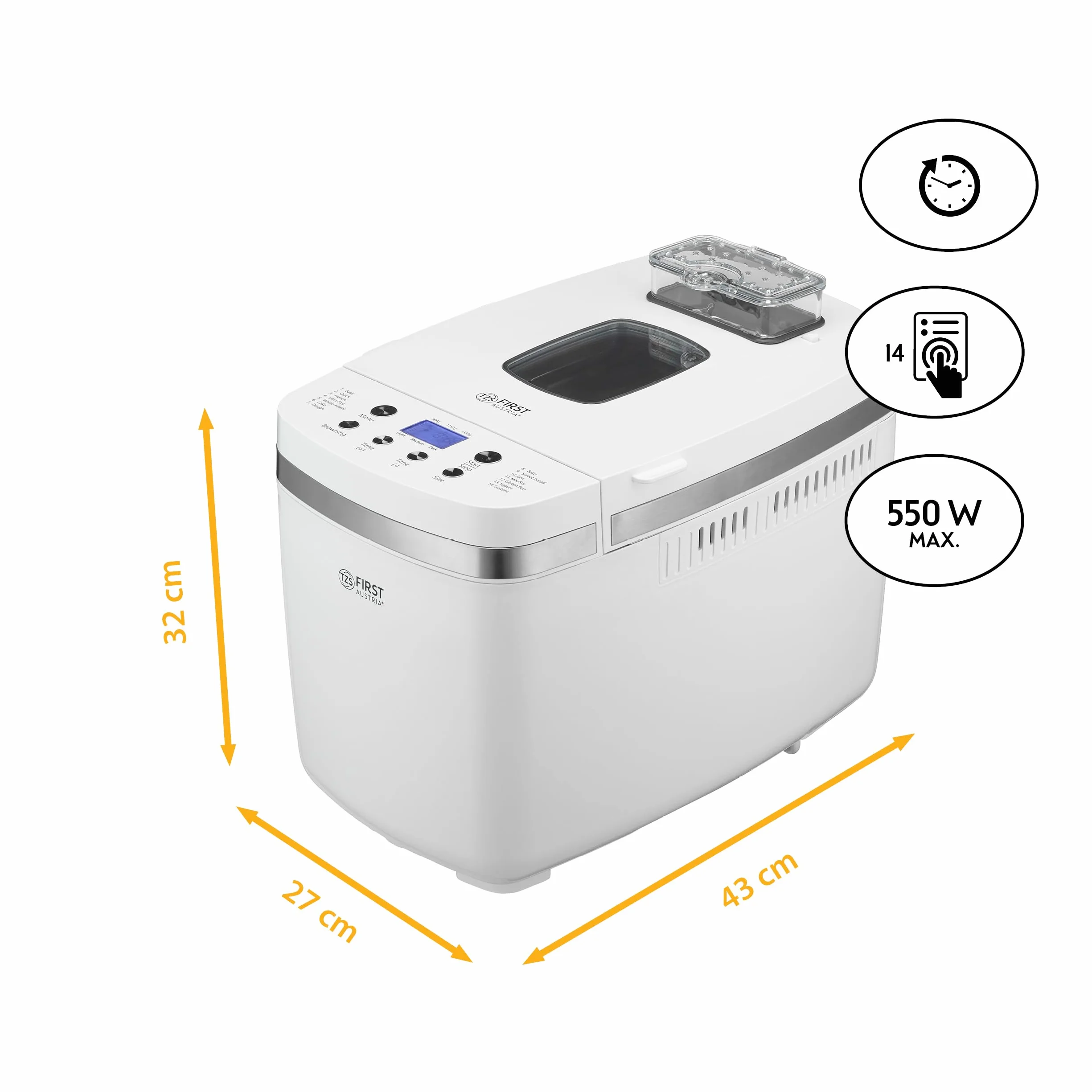 Machine à Pain 850W First Austria 14 Programmes Automatiques 900g 1350g Dorement Réglable Minuterie Maintien au Chaud