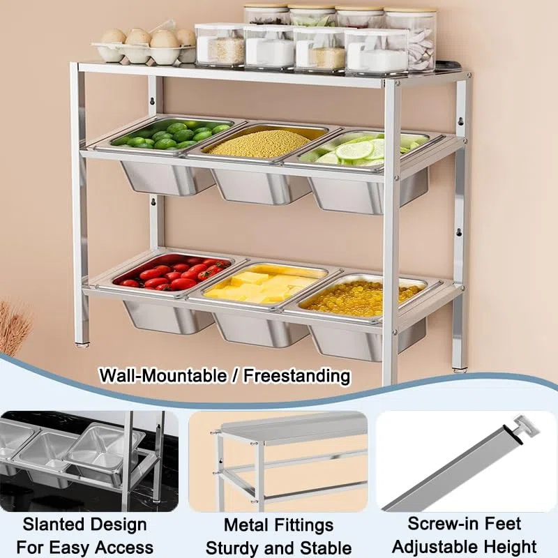 XPLKQXE Station Garniture en Acier Inoxydable, Murale Ou À Poser avec Étagère Rangement, Porte-épices Incliné pour Sauces, Ingrédients Et Fruits(Silver-D,53x18.5x38.5cm/5set)