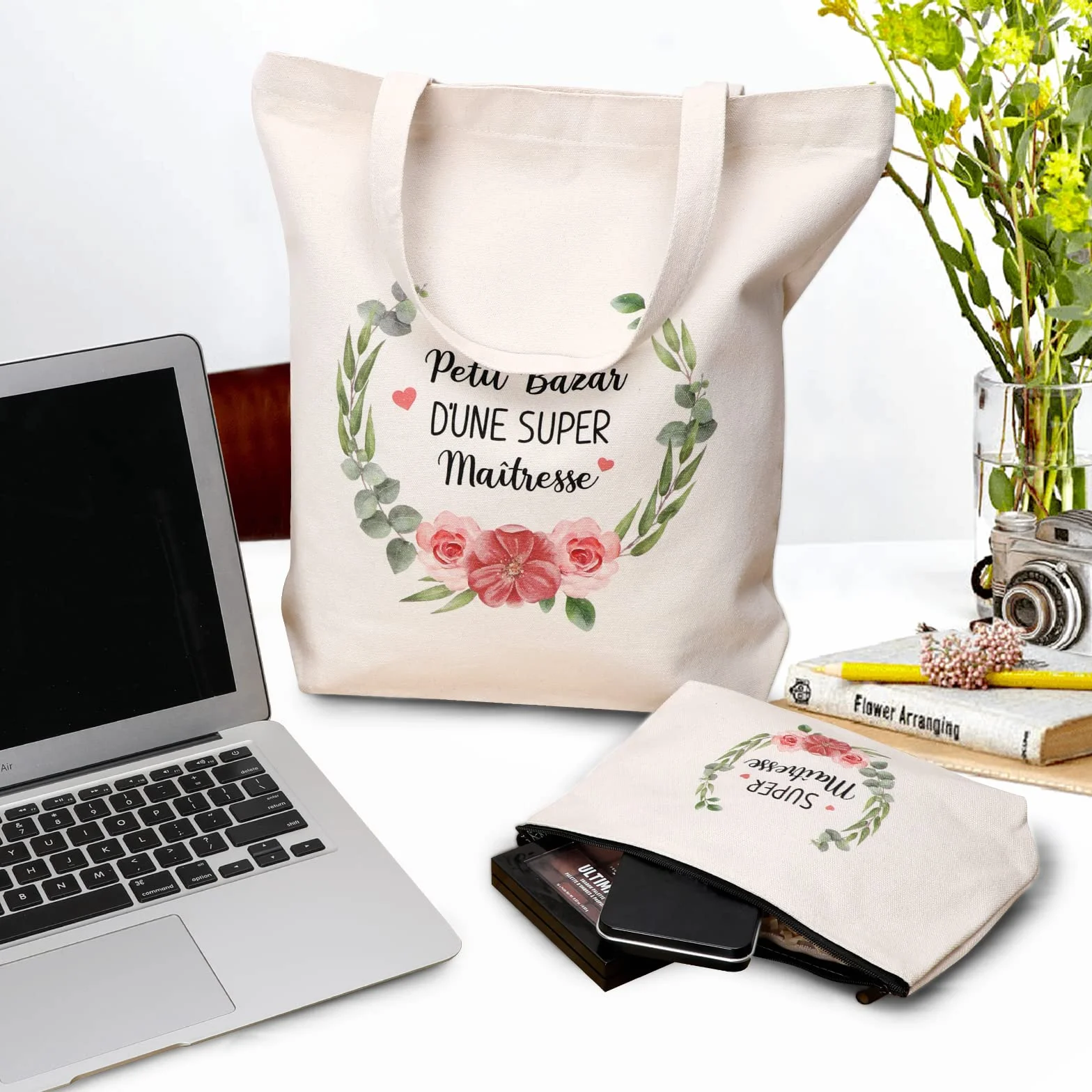 Lot de 2 Tote Bags Coton Femme avec Petite Pochette Sac Tissu