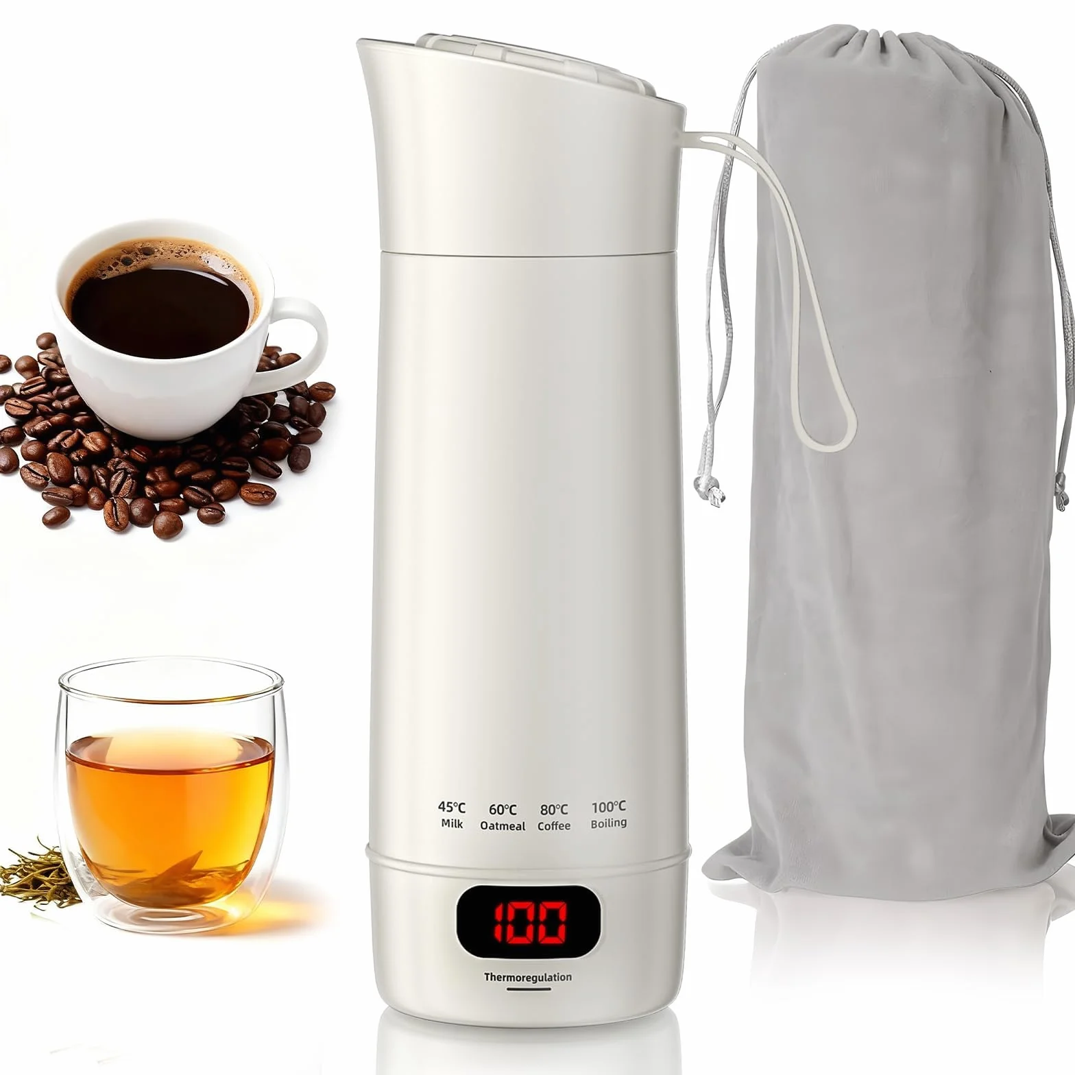 Mini Bouilloire Électrique Portable 400 ML 3 en 1 avec 4 Niveaux de Température, Doublure Acier Inoxydable 304