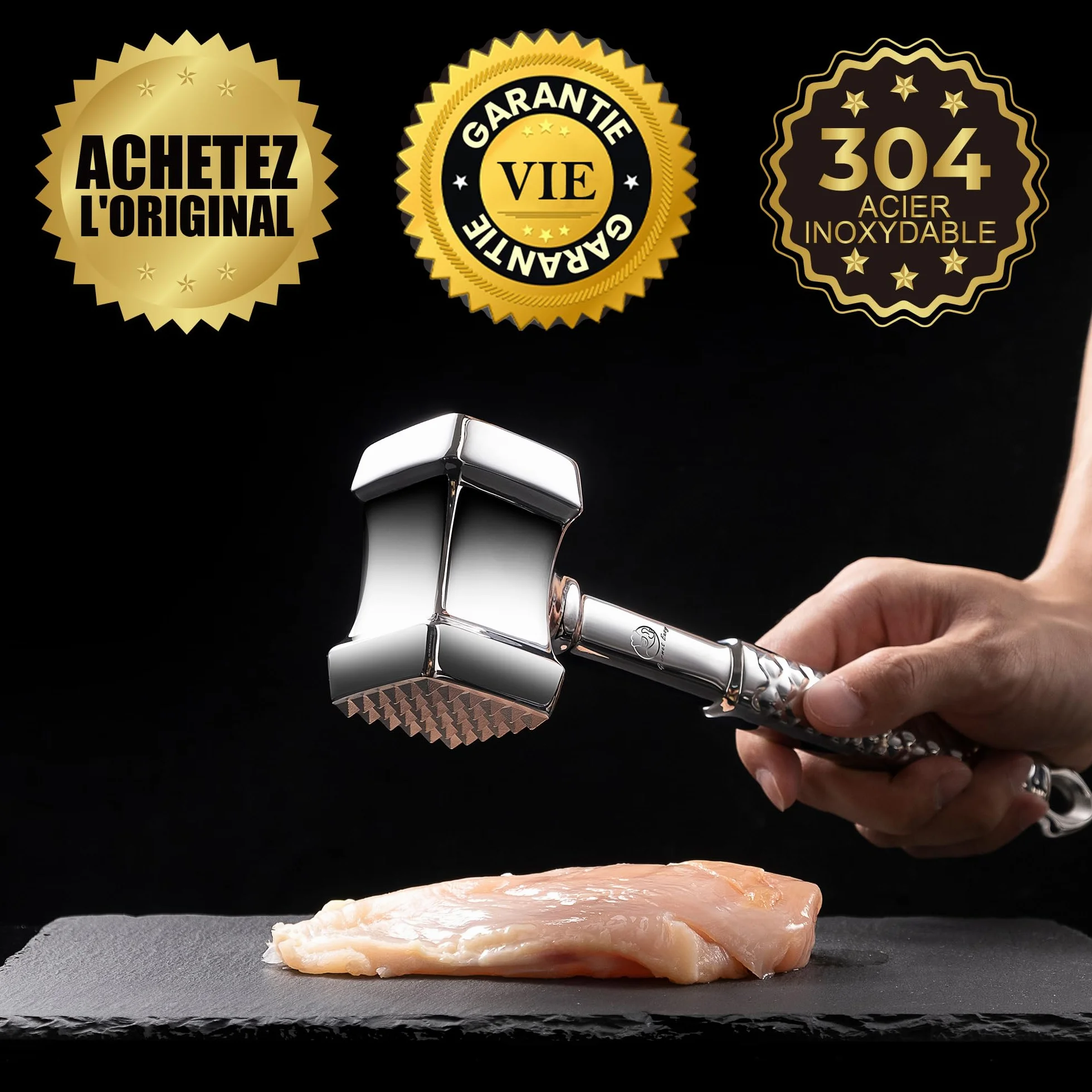 Attendrisseur de viande en inox - Marteau à viande double face professionnel - Gourmet Easy