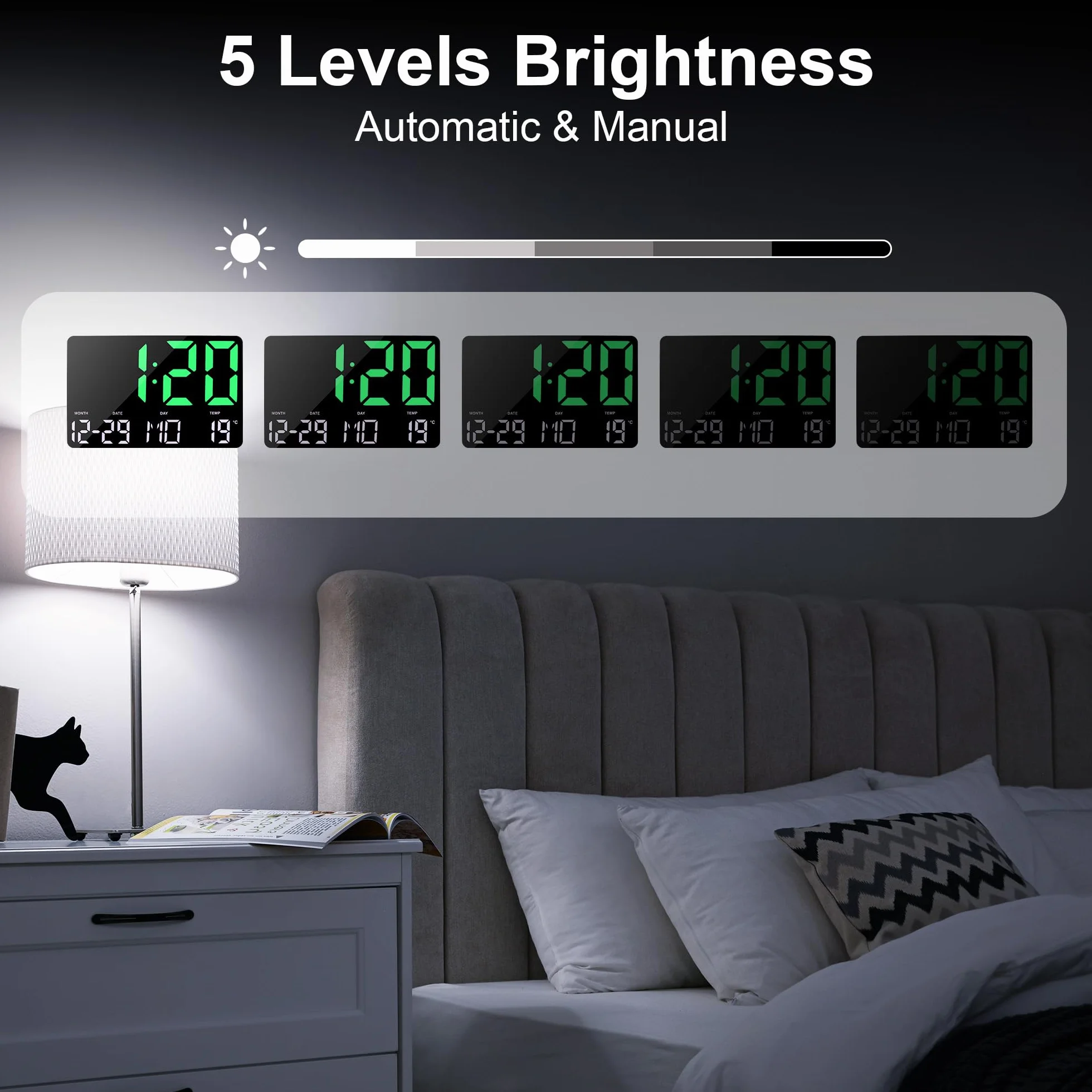 Lafocuse Horloge Murale Numérique LED 12" avec Télécommande, Température, Date, Alarme, Snooze, Luminosité Réglable, Vert