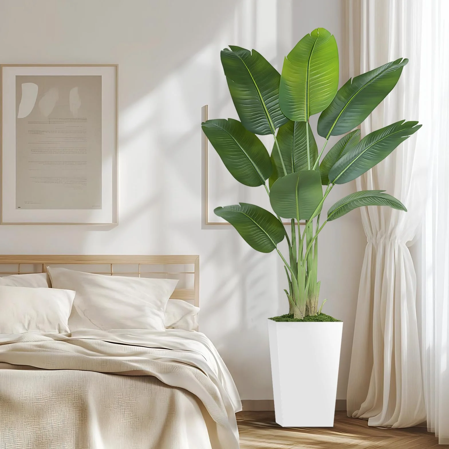 Plante Artificielle Oiseau de Paradis 180cm Pot Blanc Palmier Tropical Feuilles de Bananier Décoration Intérieur Bureau Salon