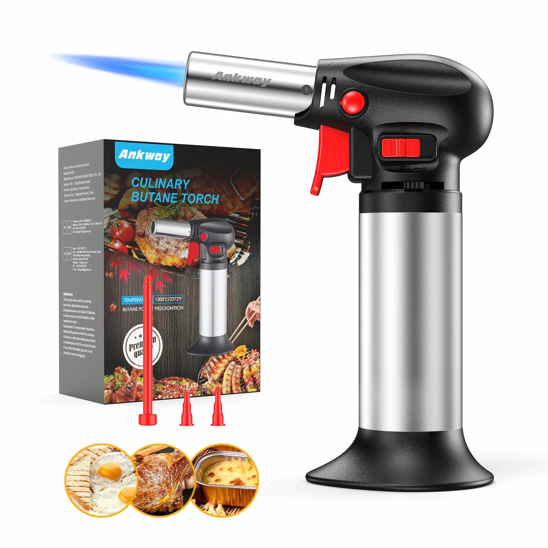 Ankway Chalumeau de Cuisine Rechargeable avec Verrouillage de Sécurité et Flamme Réglable, Argent