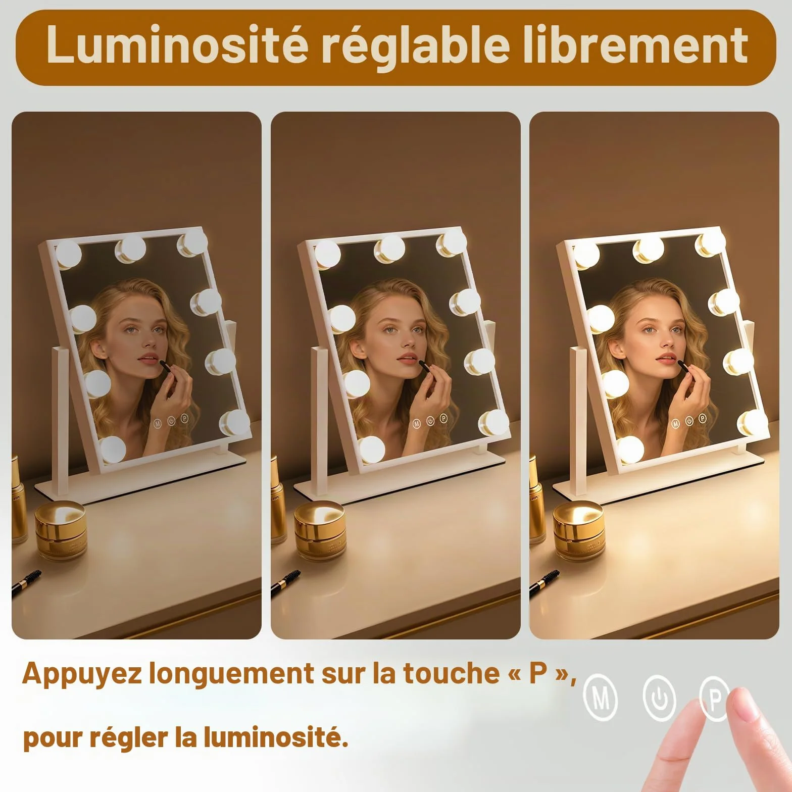 Miroir de Maquillage Hollywood avec éclairage LED 9 LED - Miroir vanité - Rotation 360° 3 Modes - Miroir de Coiffeuse Tactile
