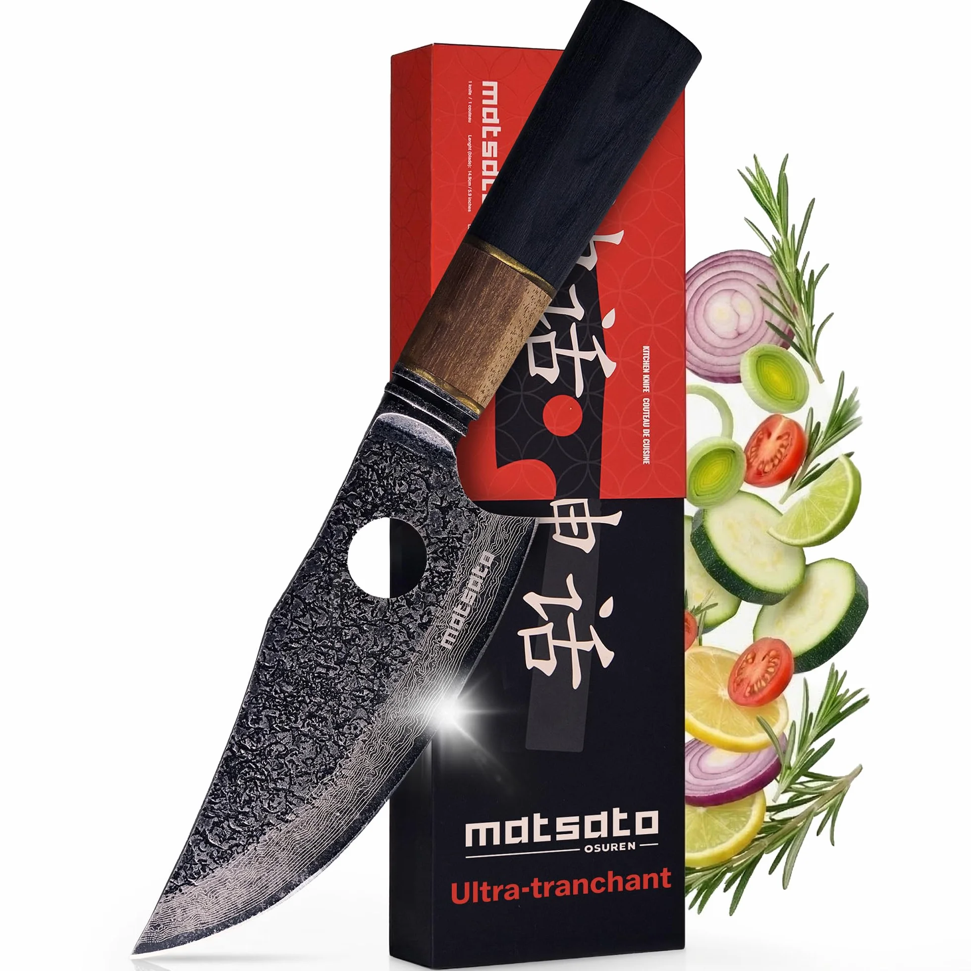 Matsato Osuren Couteau de Cuisine 16cm Lame Acier Japonais Damassé Manche Bois Ergonomique