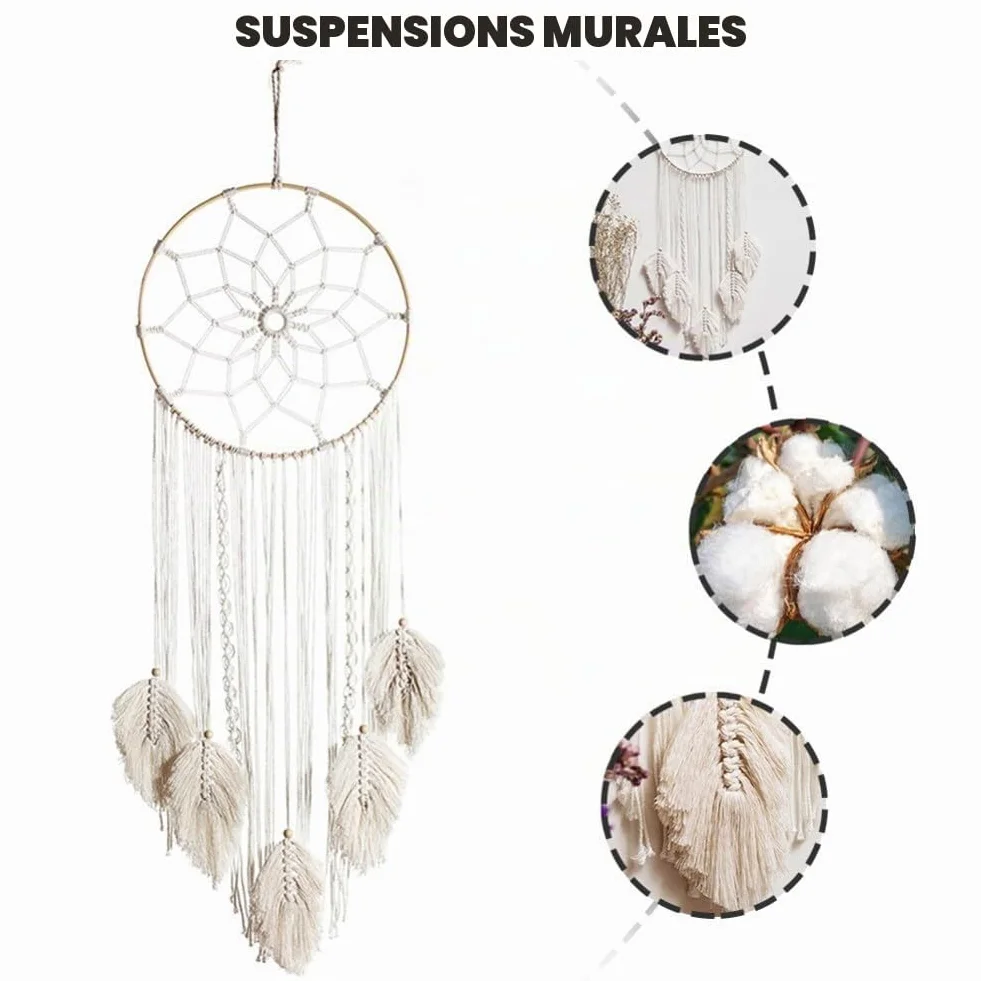 Attrape-rêves Boho Blanc Fait Main Macramé Tissé Coton Art mural Décoration Maison