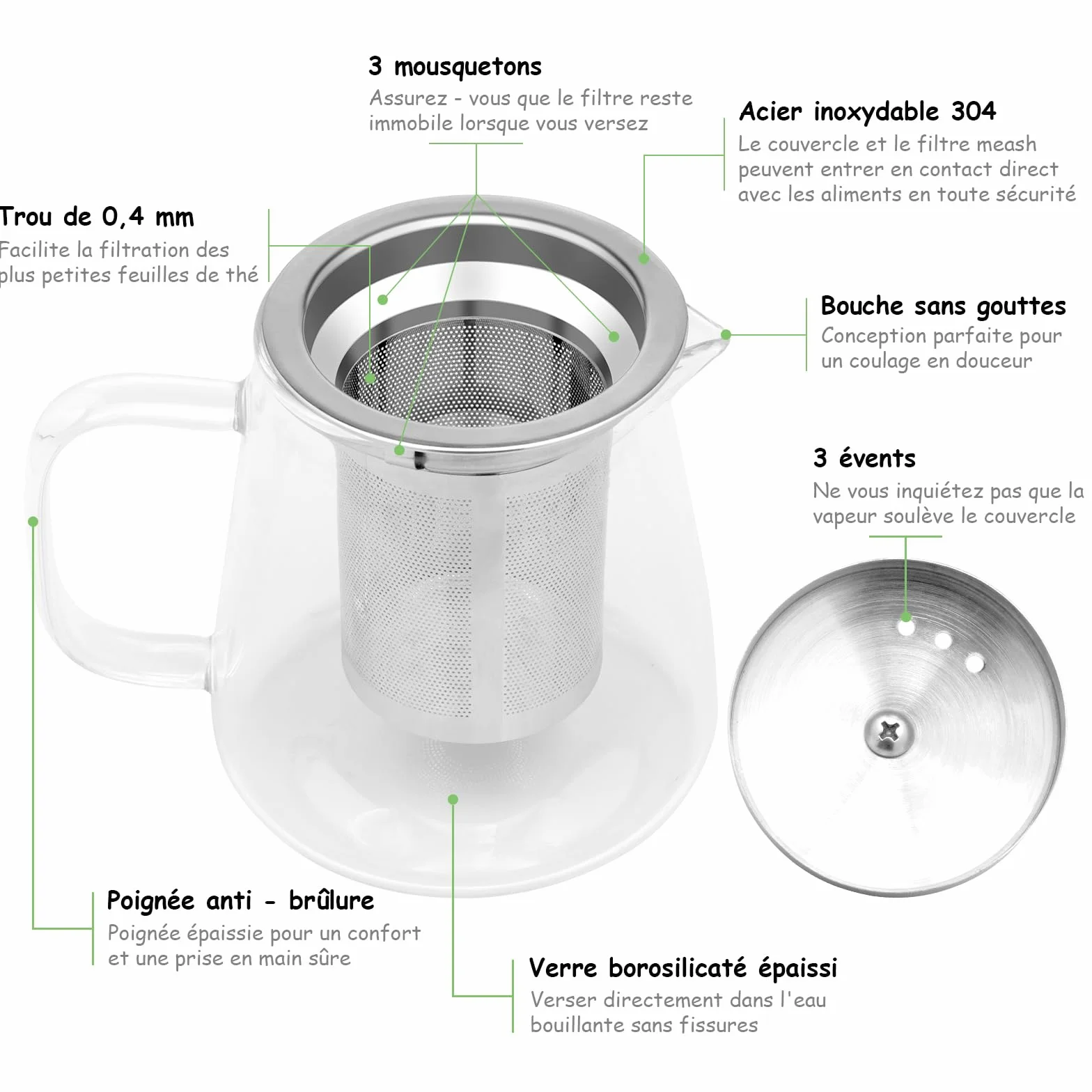Théière en Verre Borosilicate 950ml avec Infuseur Acier Inoxydable 304 pour Thé en Vrac