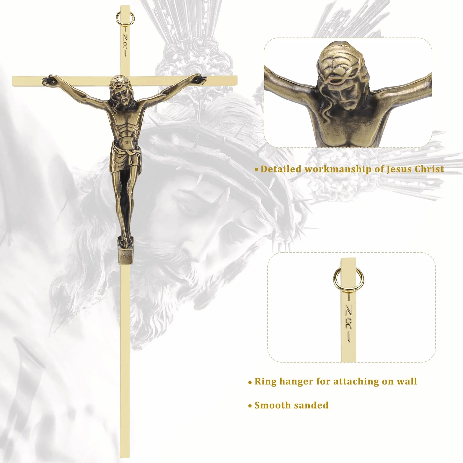 Crucifix mural en métal doré brillant 25,4 cm à suspendre
