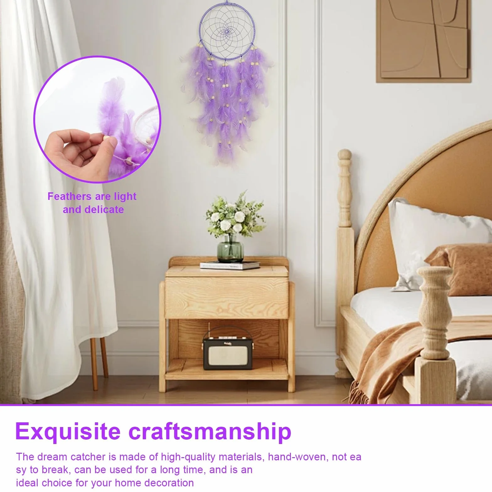 Attrape-rêves en macramé violet avec plumes fait main