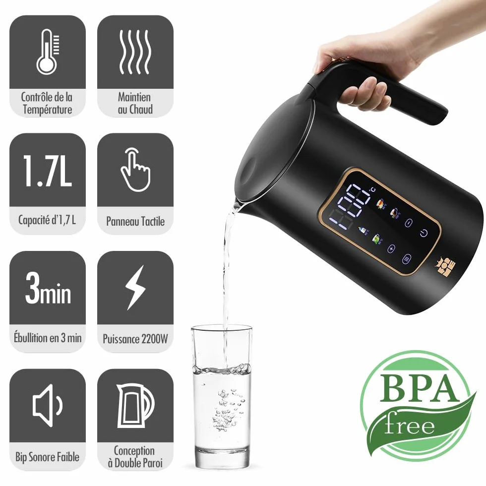 ForMe Bouilloire Electrique Inox 1,7L Contrôle de Température Réglable 40-100°C LED Affichage Maintien au Chaud