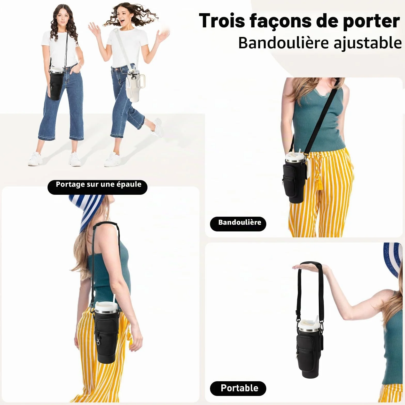 Stanley Cup Sac porte-bouteille d'eau avec sangle, accessoires paille anti-fuite et mousqueton - Noir