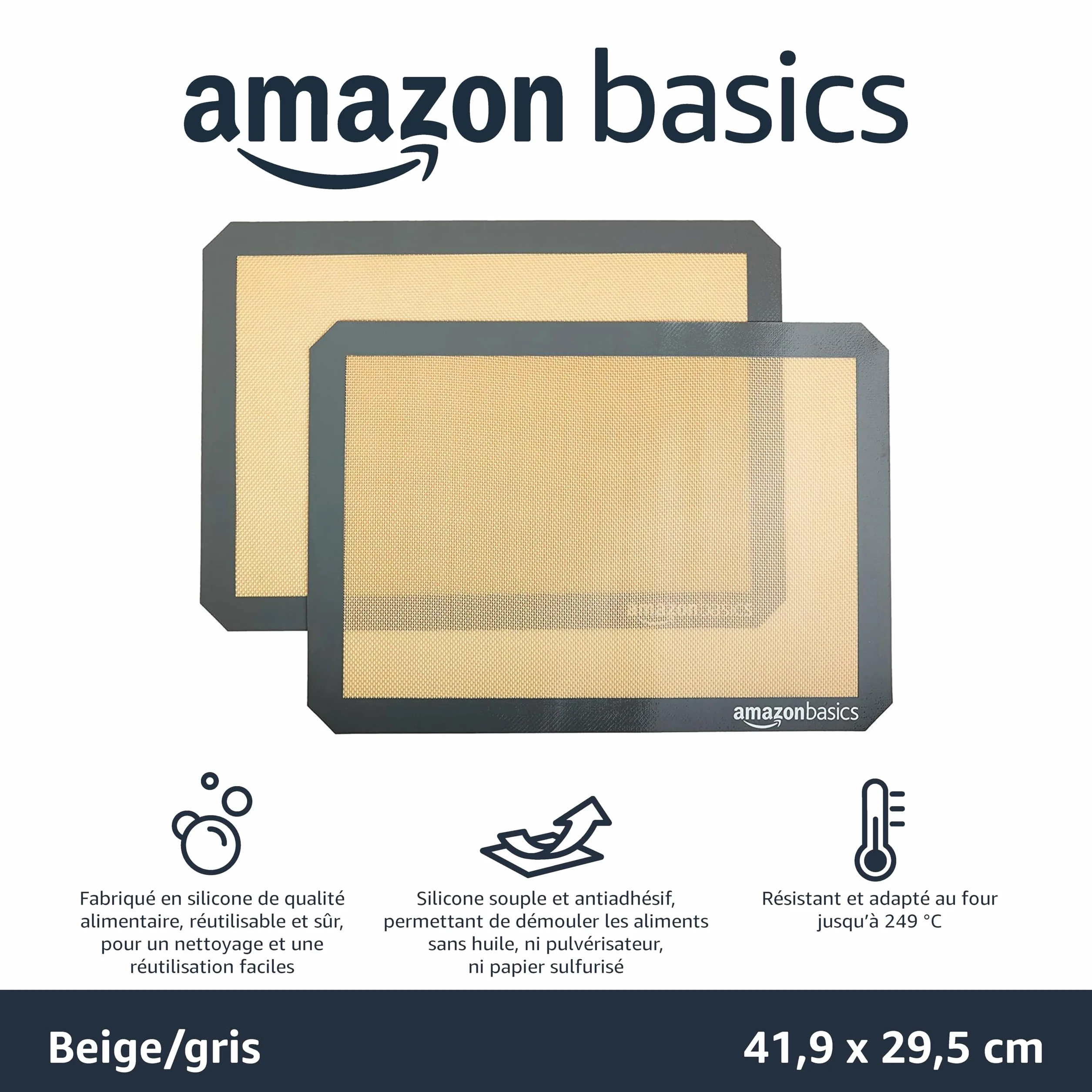 Amazon Basics Tapis de Cuisson en Silicone Rectangulaire 2 Pièces Beige/Gris 29.5cm x 42.0cm