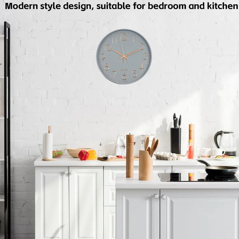 Aolso 30CM Horloge Murale Design Moderne Silencieuse, Mouvement à Quartz, 12 Pouces Ronde, Salon Bureau Chambre (Cadre Gris Fond Gris)