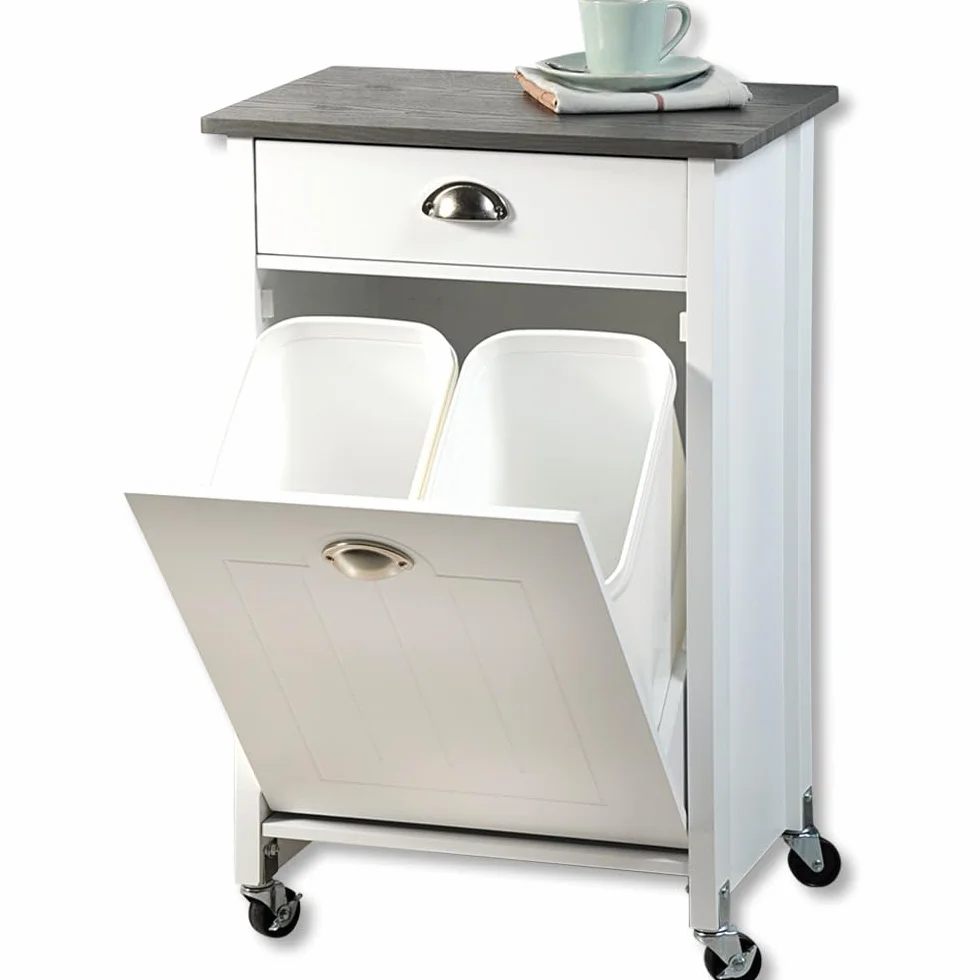 KESPER Chariot de Cuisine avec Système de Tri des Déchets, Laqué Blanc, Plaque de Recouvrement Gris