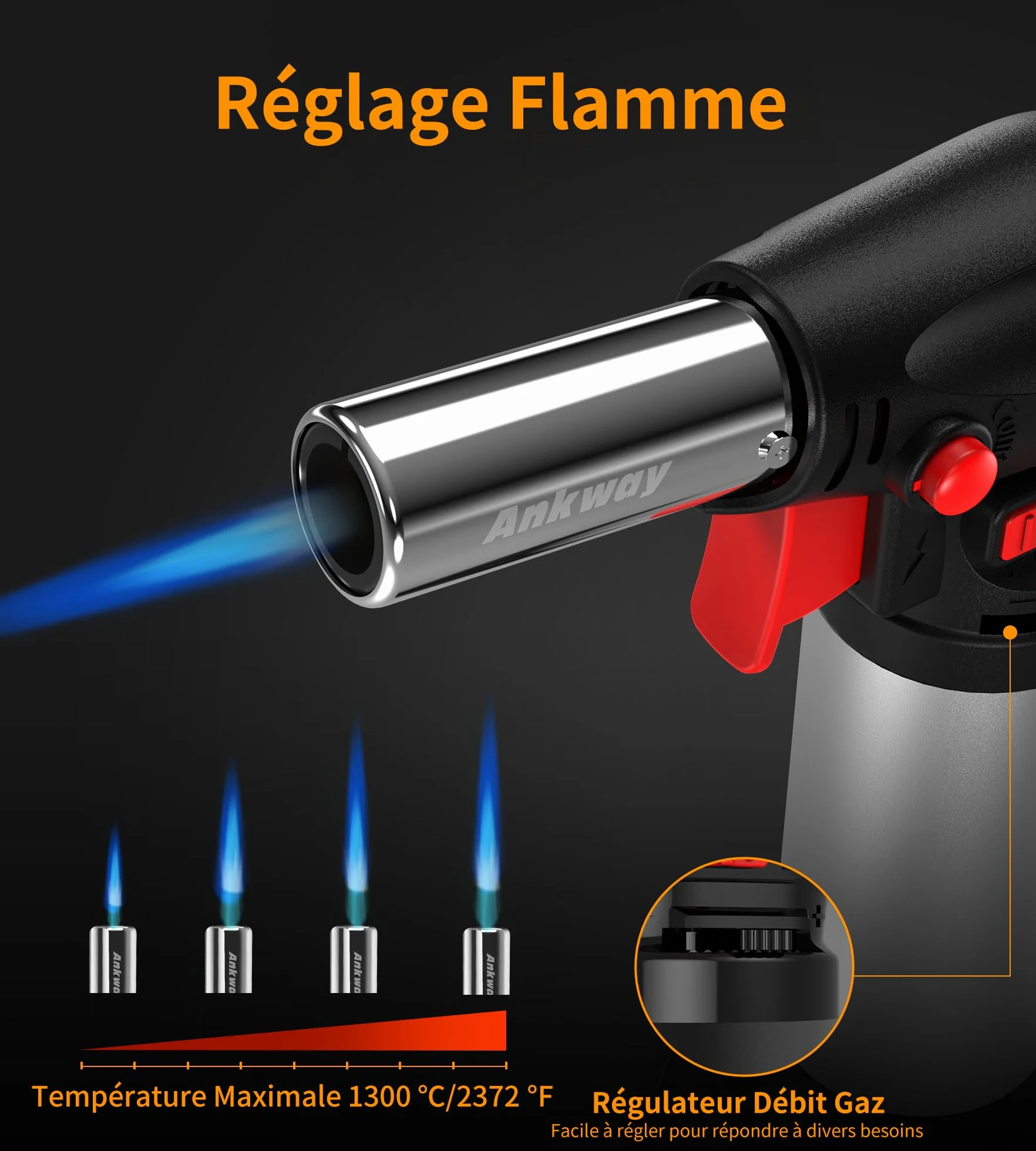 Ankway Chalumeau de Cuisine Rechargeable avec Verrouillage de Sécurité et Flamme Réglable, Argent