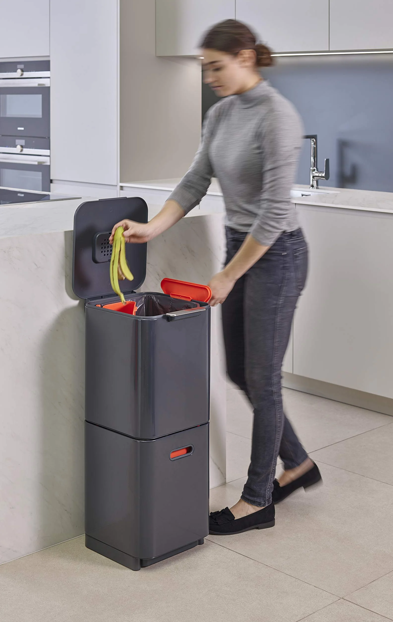Joseph Joseph Totem Poubelle de cuisine 40L tri recyclage avec bac à compost filtre charbon actif Graphite