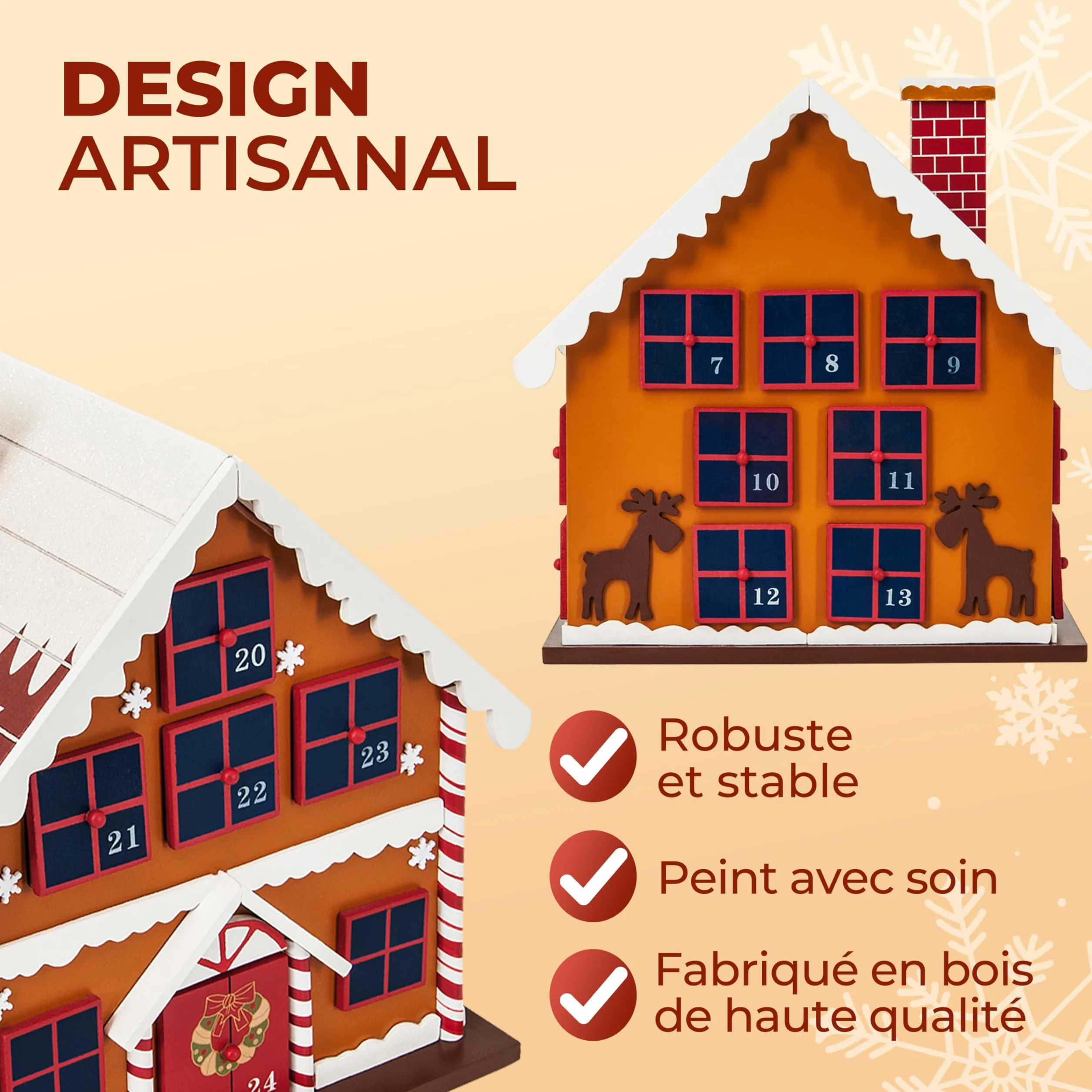 Spielwerk Calendrier de l'Avent en Bois Réutilisable 24 Tiroirs Maison en Pain d'épices