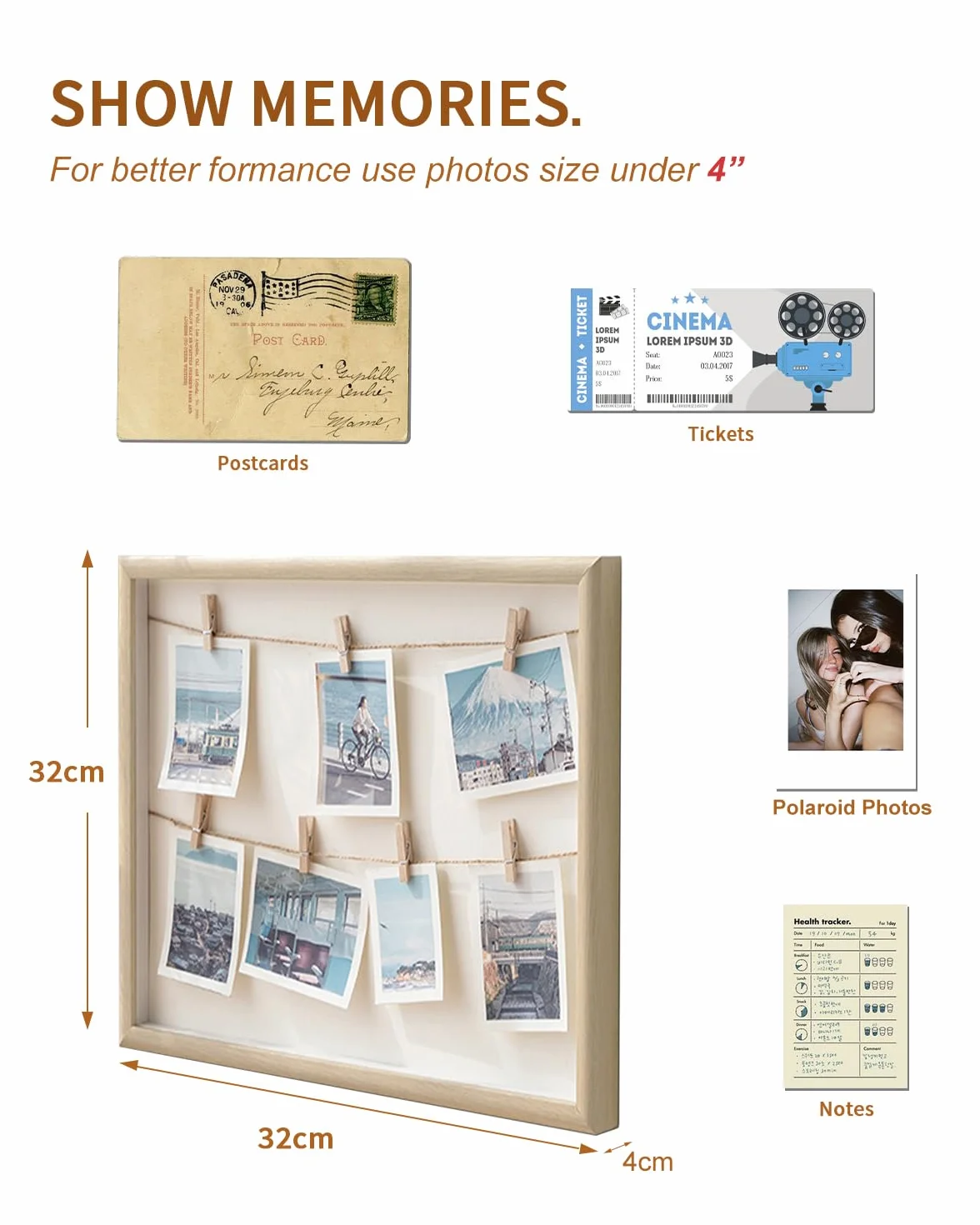 Bois Pele Mele Porte Photo Mural avec 2 Suspension Cordes et 7 Pinces, Cadre Images Collage Décoration Maison