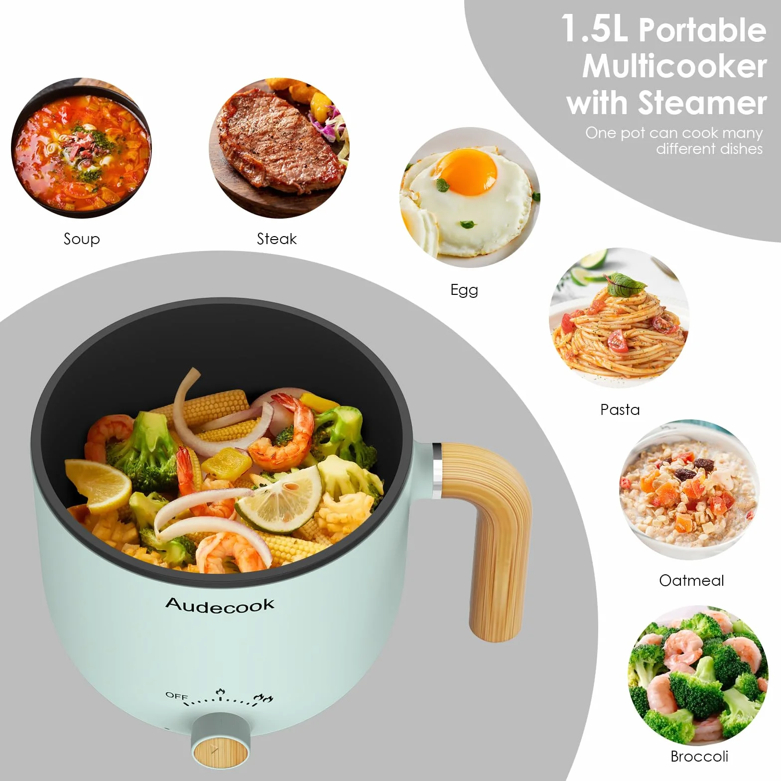 Audecook Hot Pot électrique 1.5L Portable Cuiseur à Vapeur Multifonction Vert