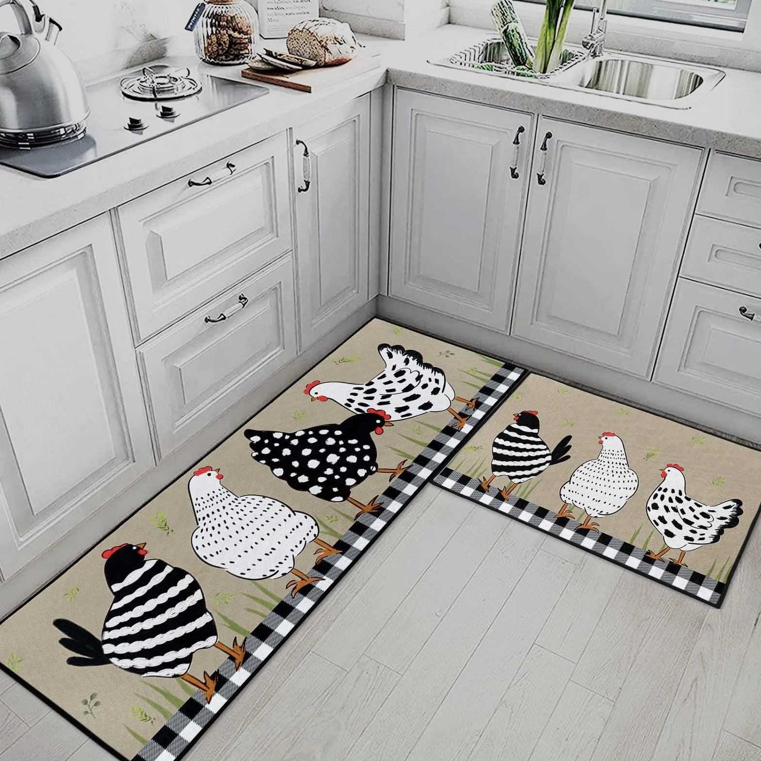 Lot de 2 tapis de cuisine antidérapants lavables motif coq 39,9x59,7 cm et 39,9x119,6 cm noir et blanc