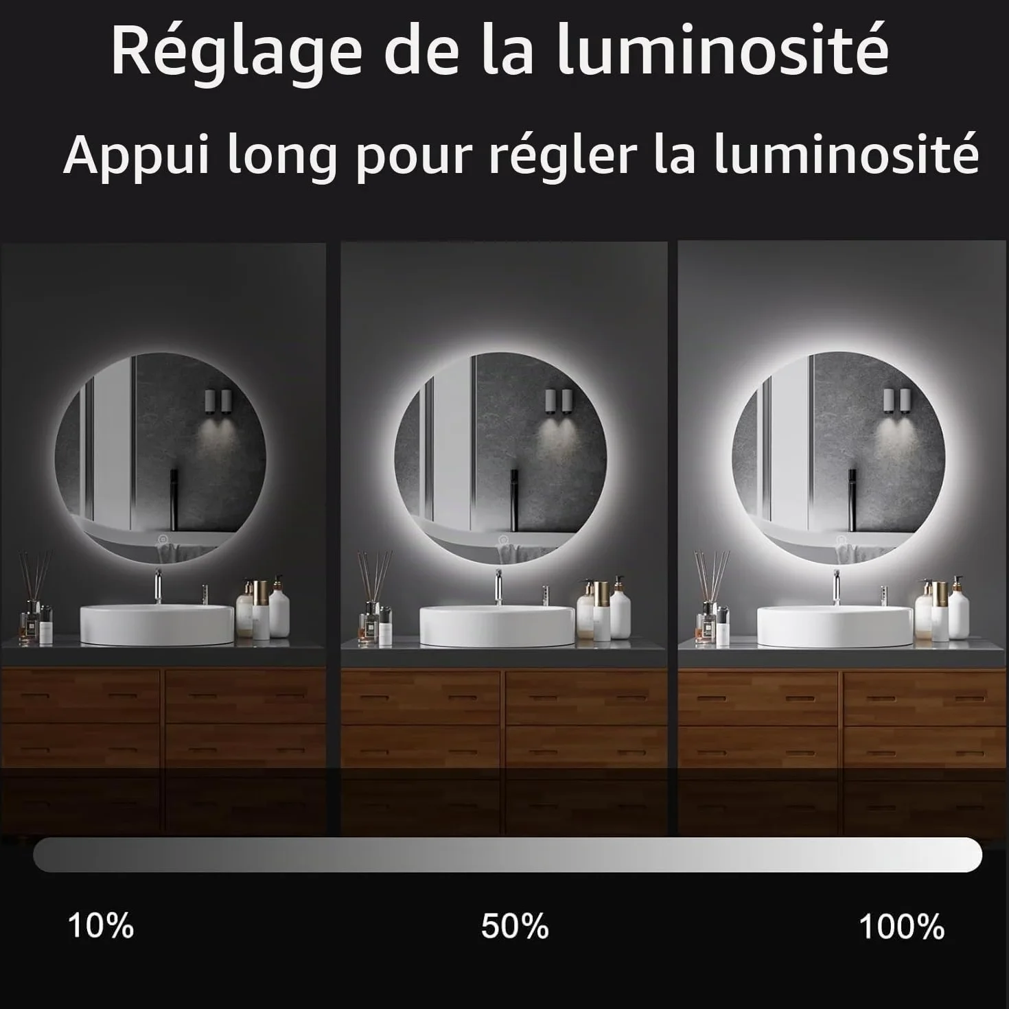 Miroir Salle de Bain LED Rond 50cm, 3 Couleurs Lumière Dimmable, Interrupteur Tactile