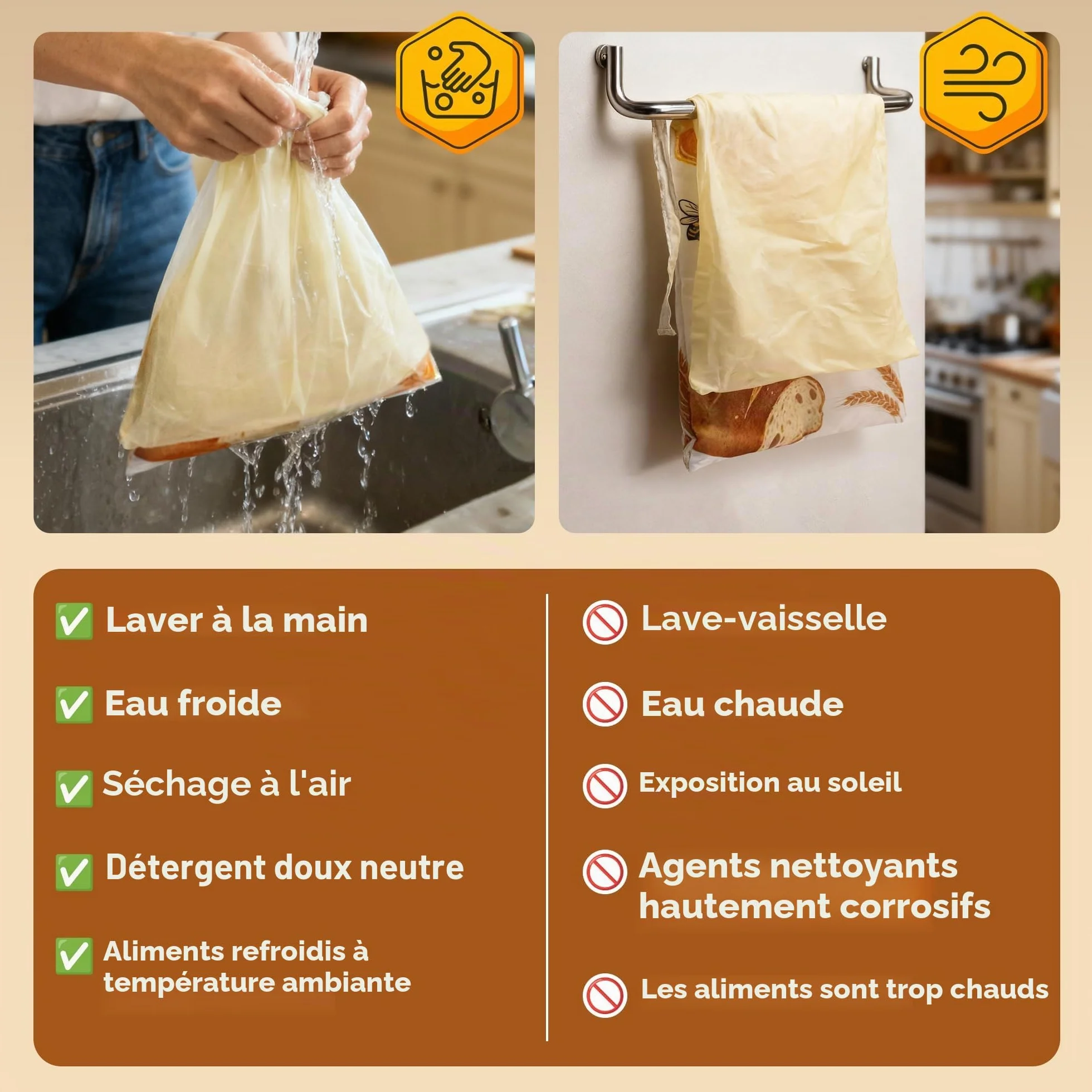 OHIYO Sacs à Pain en Cire D'abeille Réutilisables pour Conservation du Pain (2 Pièces)