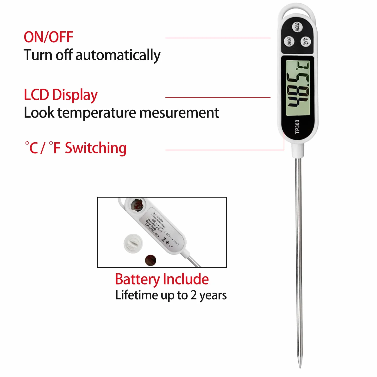 Thermomètre Cuisine Sonde 5Secondes LCD Ecran pour Patisserie BBQ Lait Viande Culinaire Version Normale