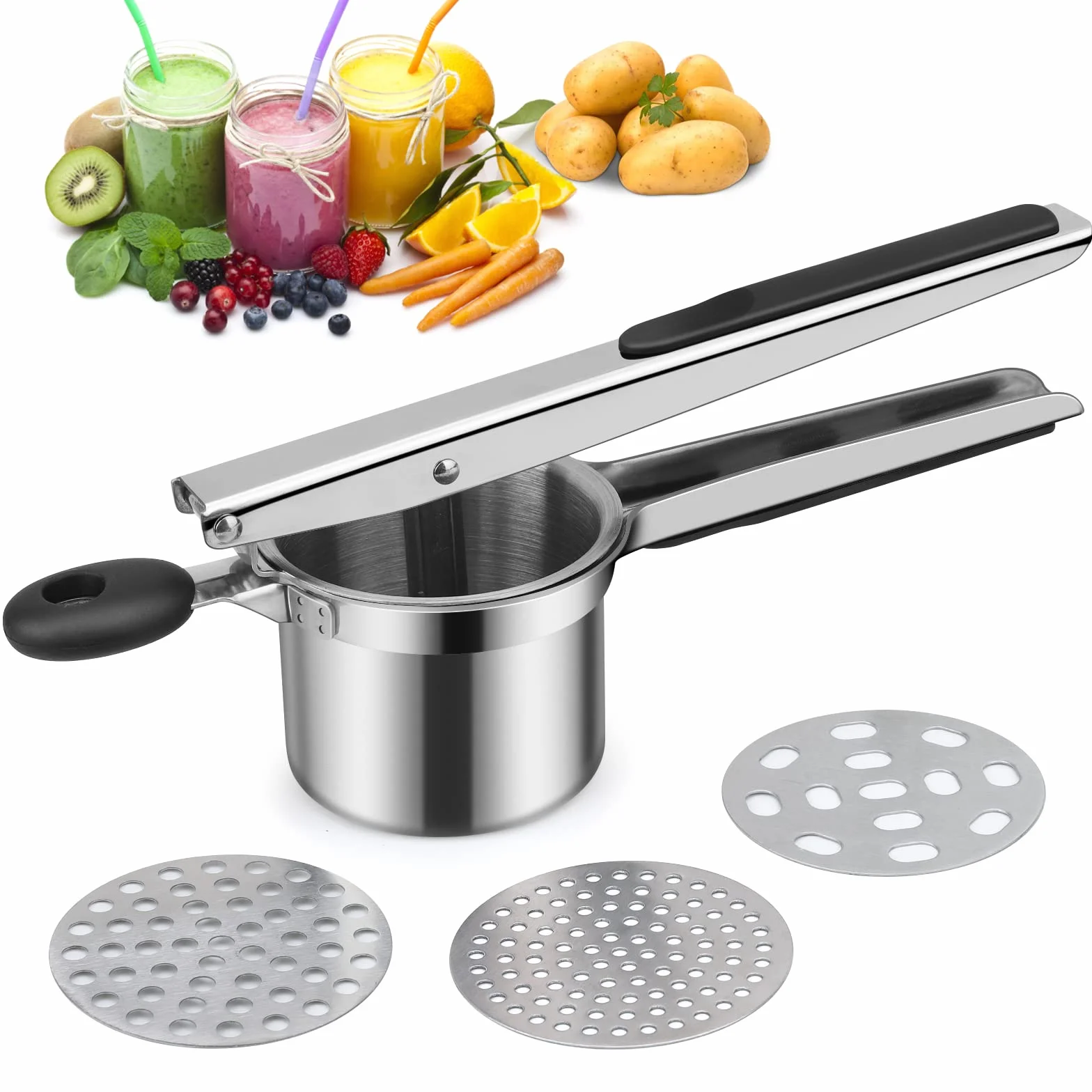 Presse Purée Manuelle Acier Inoxydable avec 3 Disques Interchangeables pour Purée de Pommes de Terre et Jus de Citron