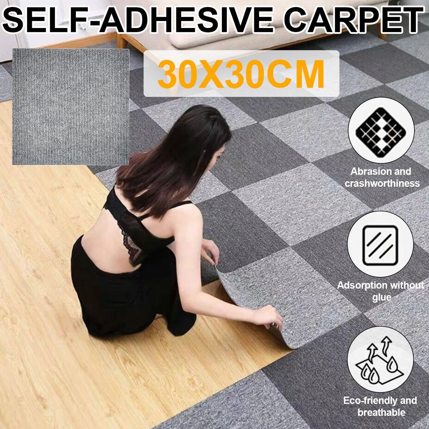 Tapis Antidérapant 30x30 cm Gris Lavable Autocollant 12 Pièces pour Salon Chambre Bureau Hôtel