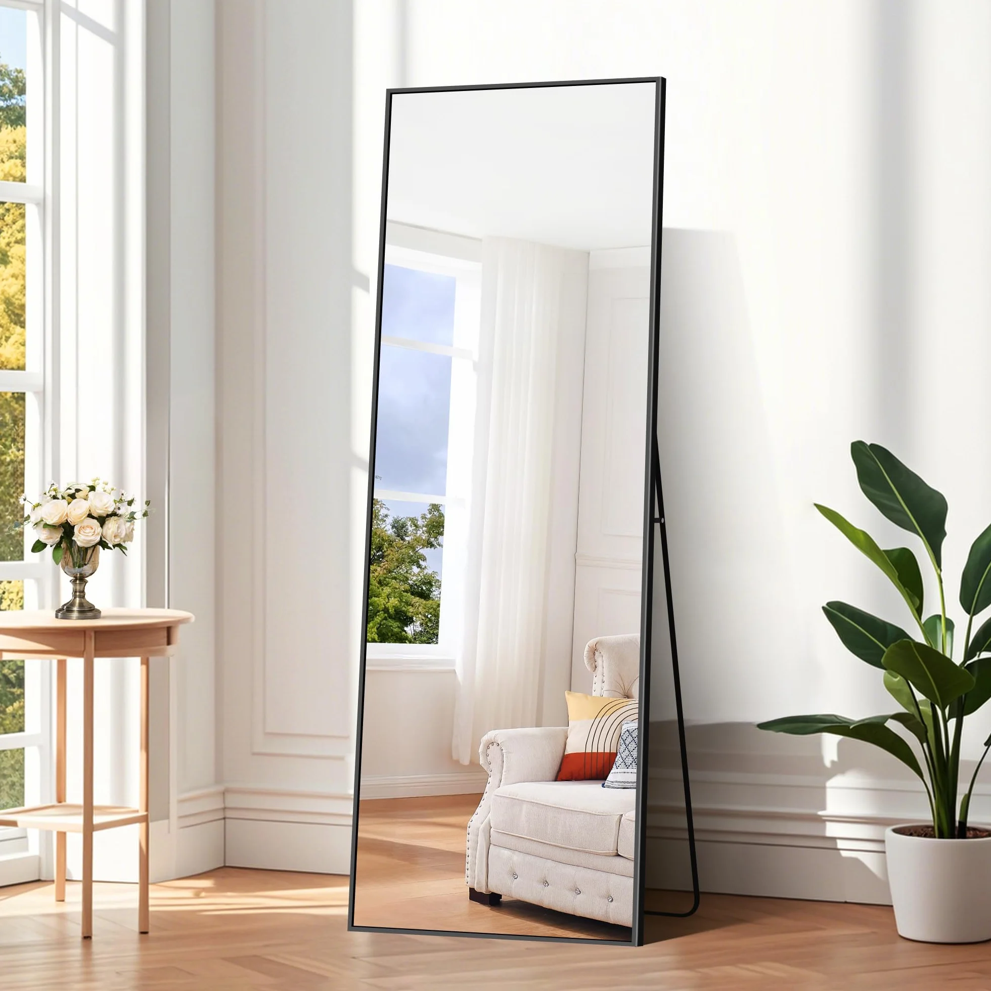 Miroir sur Pied 150 x 40 cm, Miroir Mural Cadre Aluminium Noir Grand Rectangulaire
