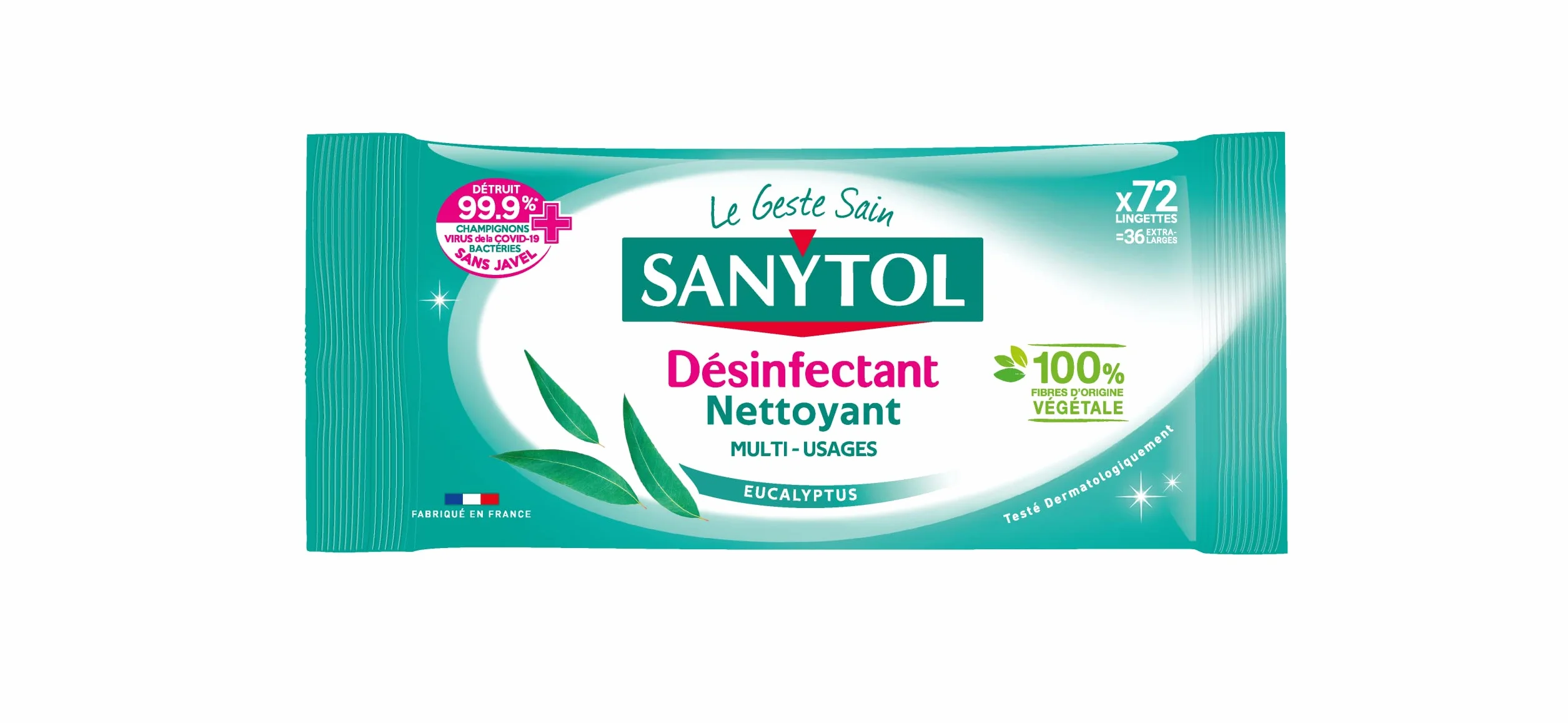 Sanytol Lingettes Désinfectantes Multi-Usages Eucalyptus x72 Bactéricide Virucide Fongicide Sans Javel Fabrication Française