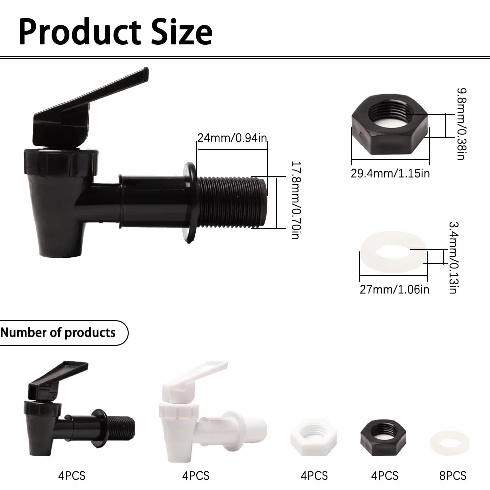 Robinet Distributeur de Boissons en Plastique 8 Pièces Robinet de Rechange pour Tonneau à Bière, Jus, Fontaine à Boire (Noir, Blanc)