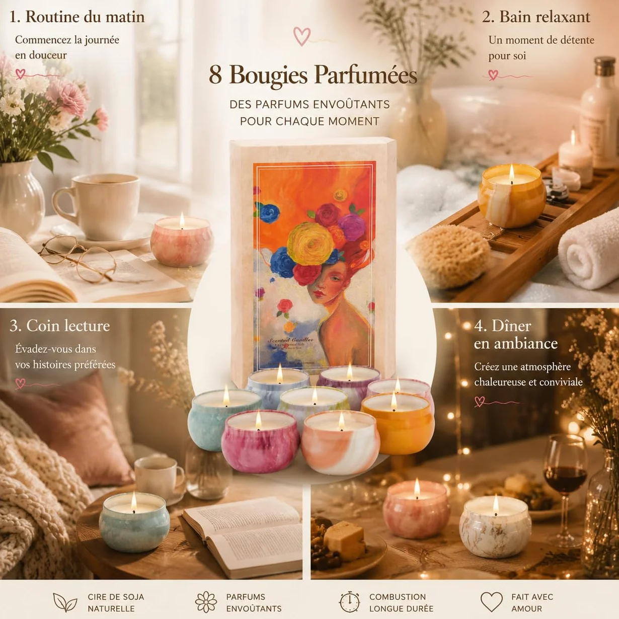 Coffret Bougies Parfumées Lot de 8 Longue Durée Cadeau Femme