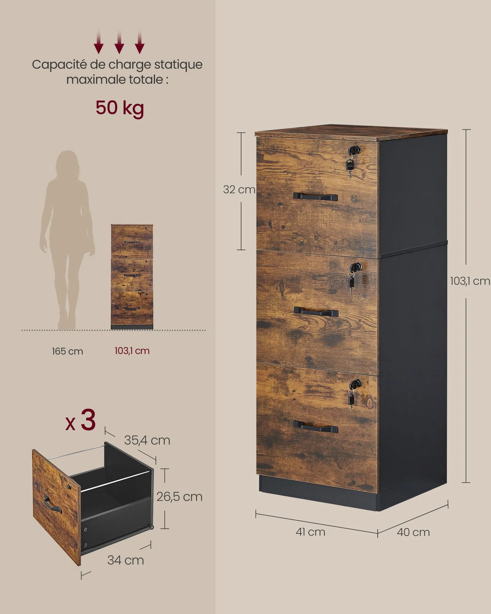 VASAGLE Meuble de Bureau avec 3 Tiroirs Verrouillables, Tringles Réglables, Compatible A4, Marron Rustique et Noir