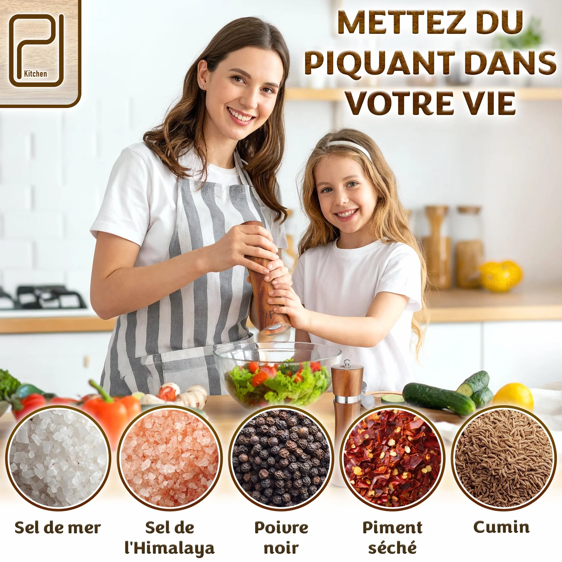 PJC-Kitchen Ensemble de Moulins à Sel et Poivre en Bois d’Acacia avec Plateau - 60 g