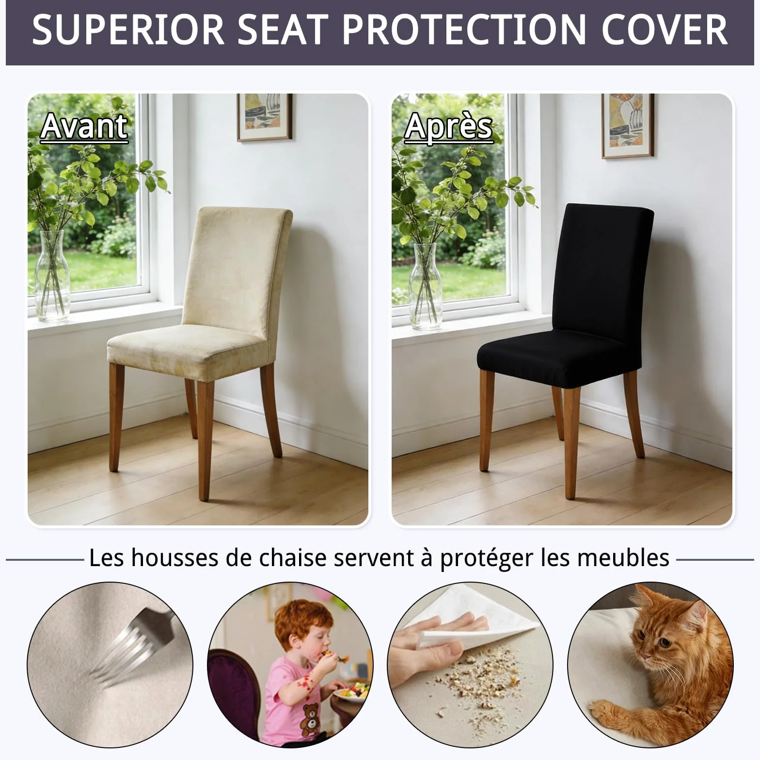 GFCC Housse de Chaise Lot de 2 Extensible, Bande Élastique, Recouvre Chaises Noir