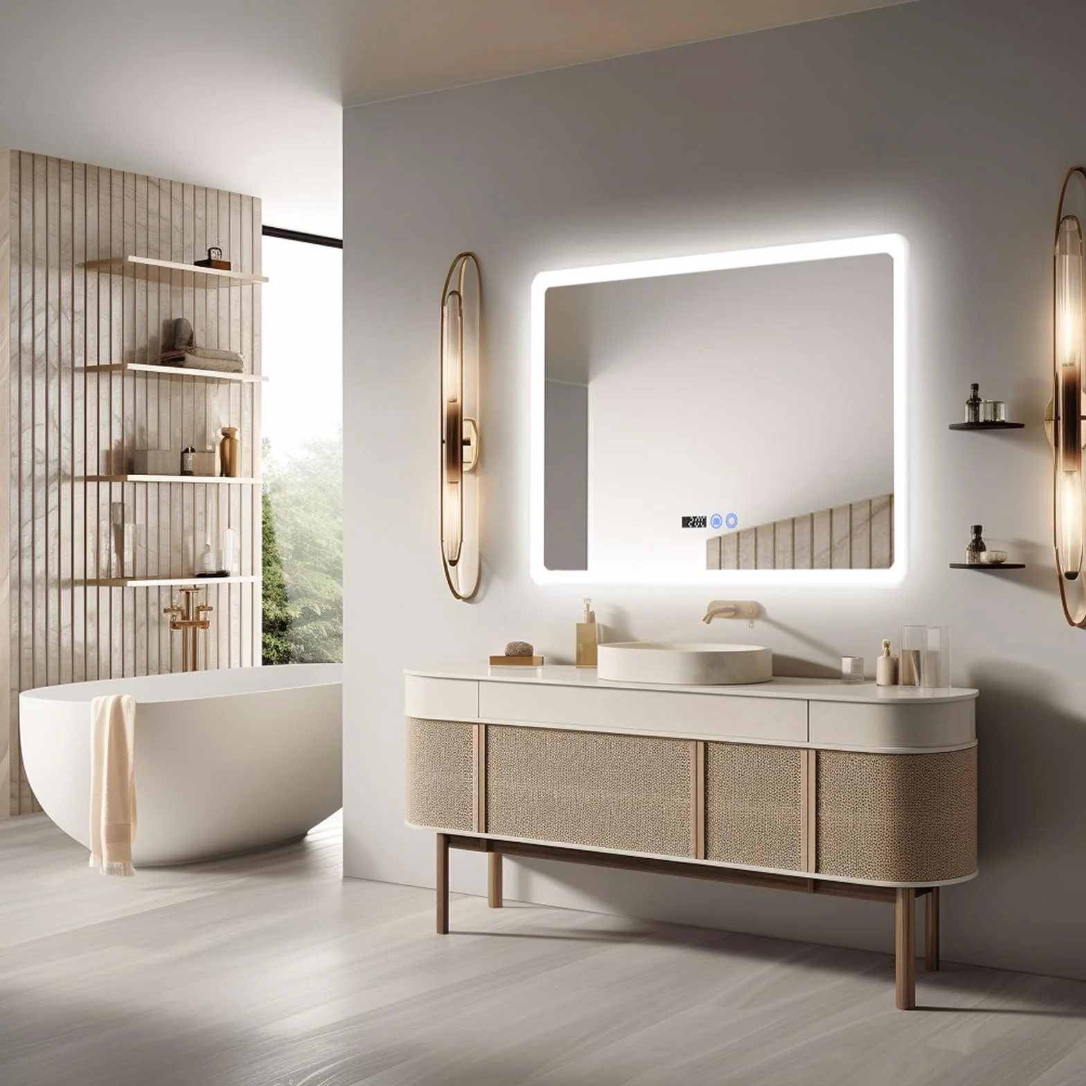 YOURLITE Miroir Salle de Bain LED 80x60 cm Dimmable 3 Couleurs Antibuée Affichage Horloge Température IP44 Blanc