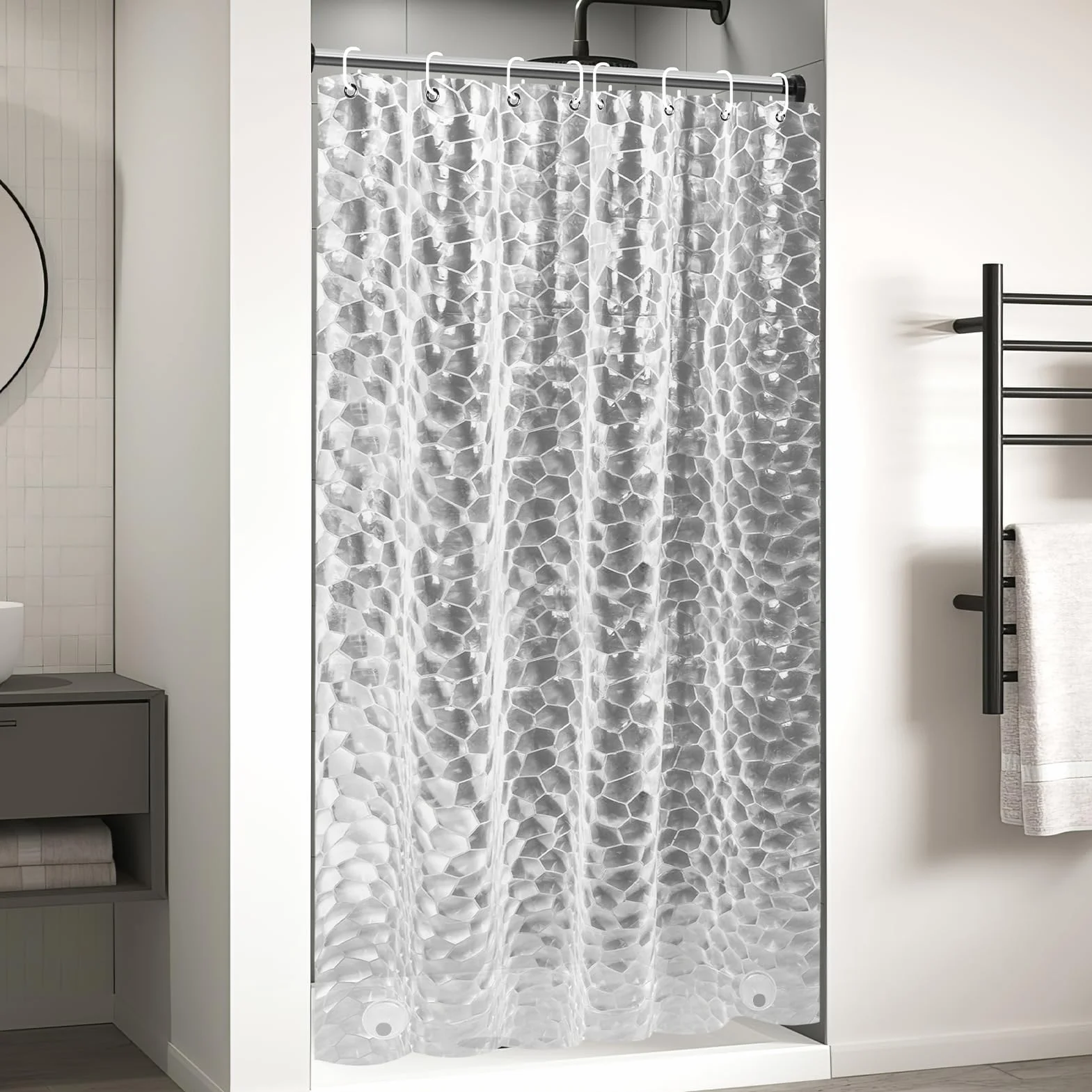 Rideau de Douche 120 x 200cm, 3D Semi Transparent EVA Anti Moisissure Imperméable avec 8 Anneaux