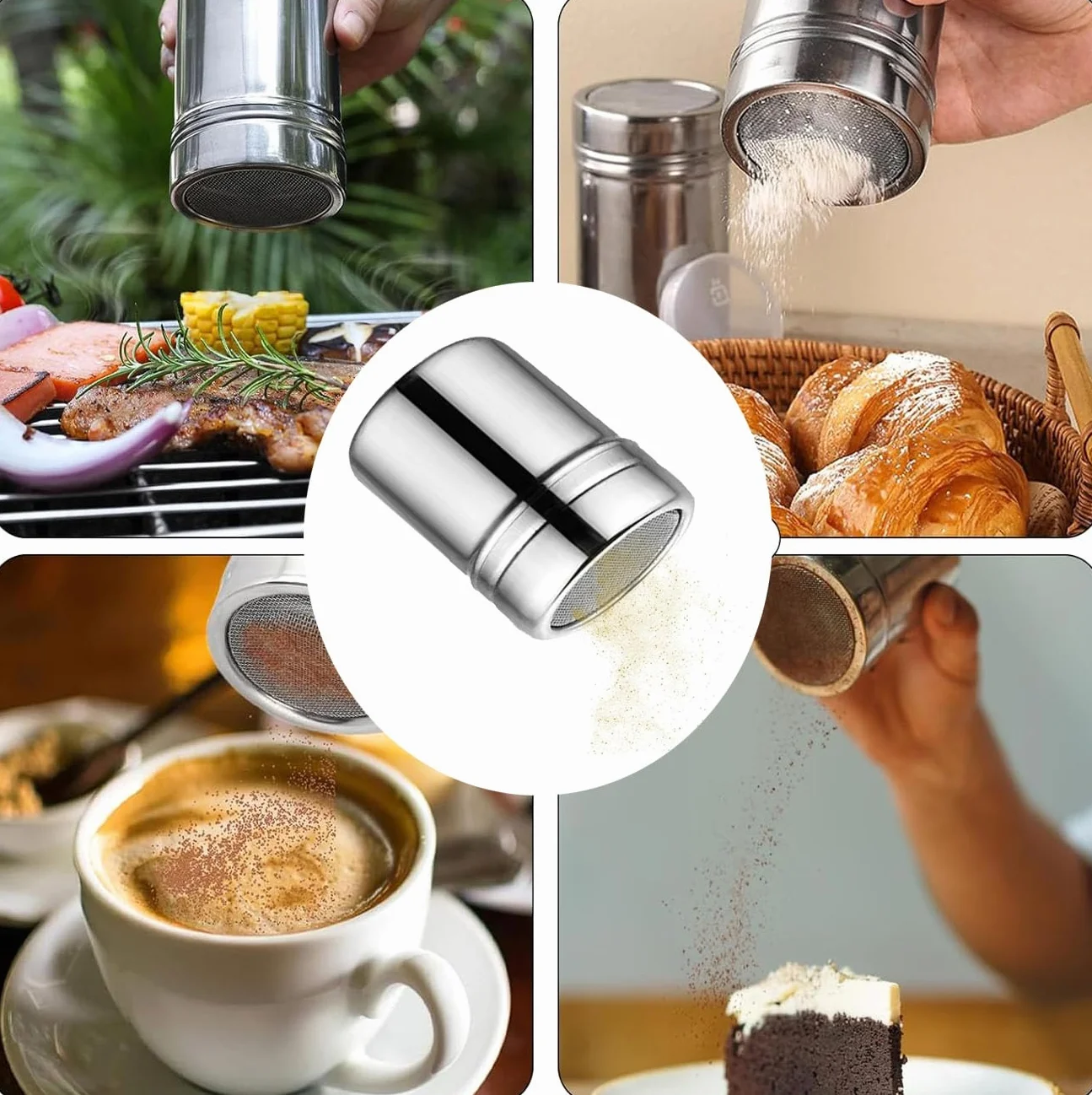 Saupoudreuse à Trous Moyens en Acier Inoxydable, Shaker à Épices avec Couvercle Hermétique pour Desserts et Cuisine