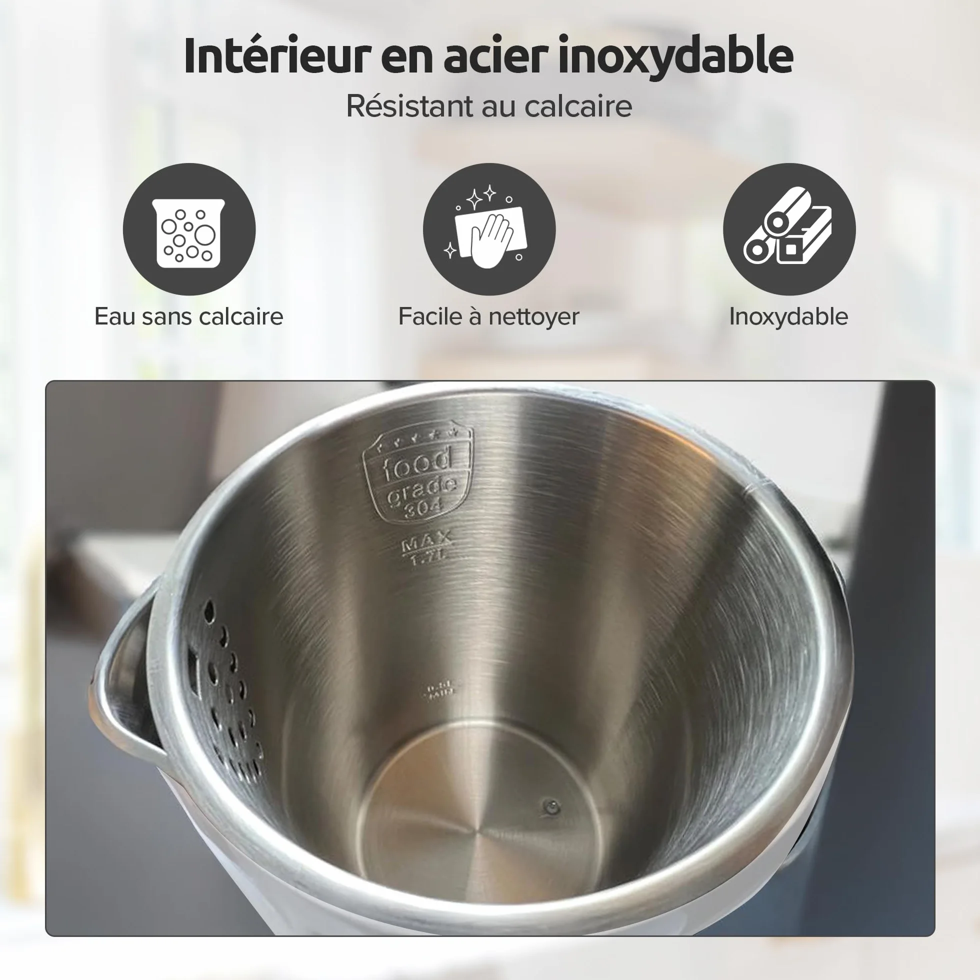 Olvy Bouilloire Électrique 1,7L Inox 2200W Double Paroi Maintien au Chaud