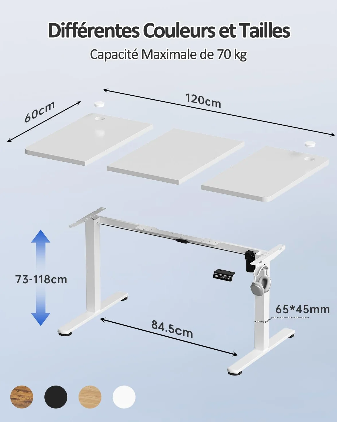 Bureau Assis Debout Électrique 120x60 cm - Réglable en Hauteur Motorisé avec 2 Mémoires - Blanc