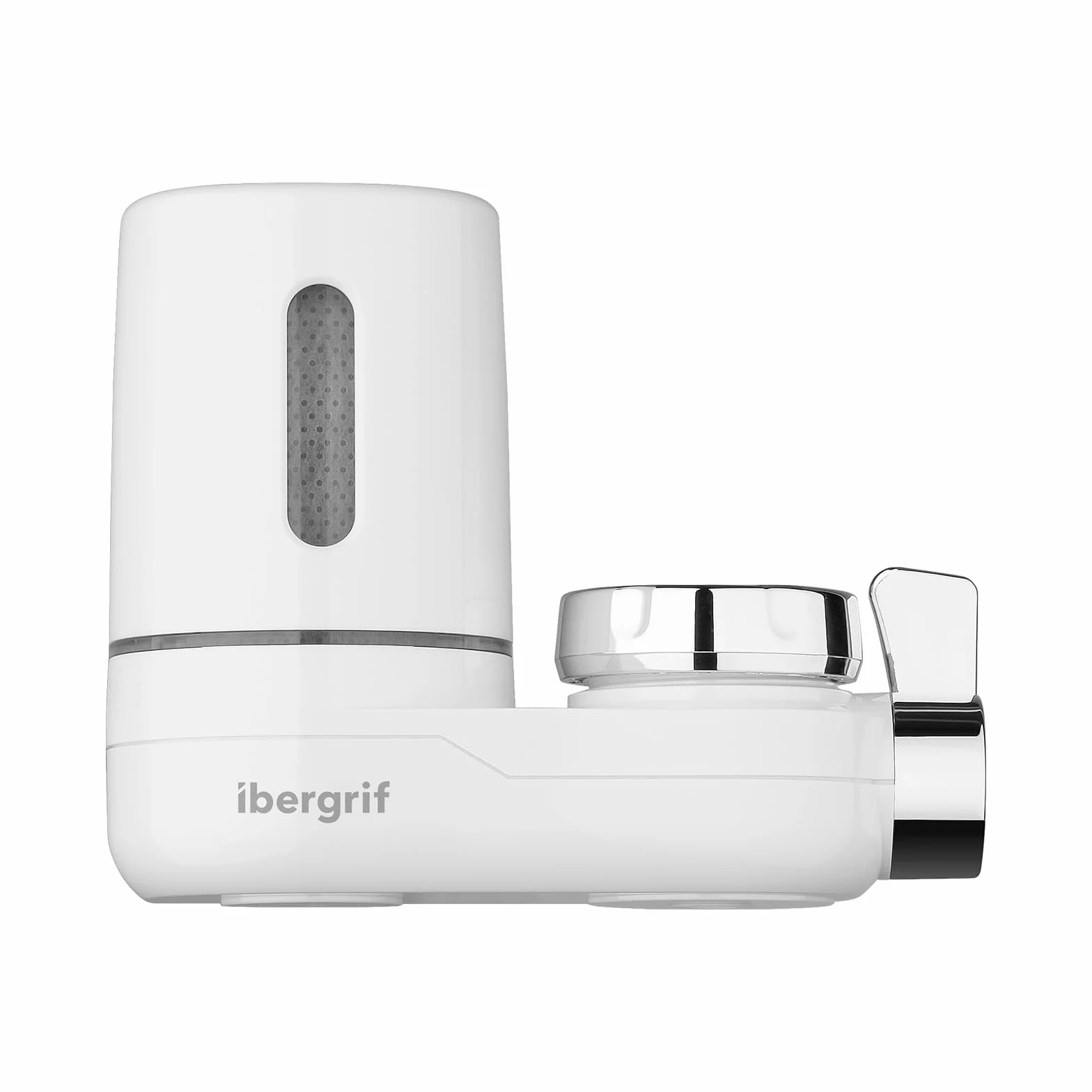 Ibergrif Système de Filtration sur Robinet, Filtre à Eau Cuisine avec Charbon Actif, Réduit Chlore PFAS Sédiments, Installation Sans Outils, Blanc