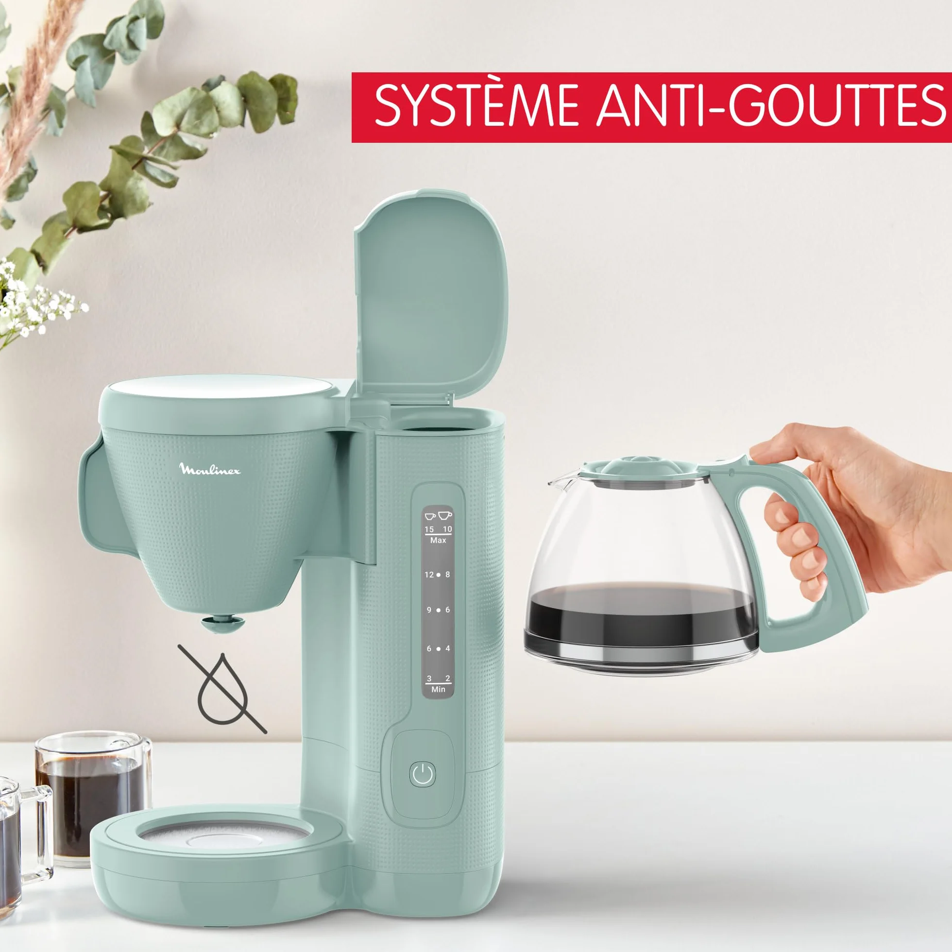 Moulinex Cafetière filtre 1.25L 10-15 tasses Porte-filtre pivotant Anti-gouttes Maintien chaud Eucalyptus FG2M1310