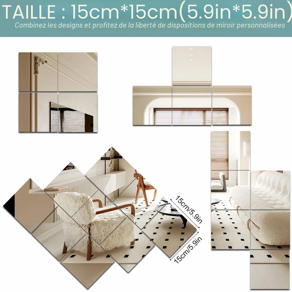 Autocollants en miroir acrylique HD pour murs, carreaux bricolage, miroir autocollant sans verre incassable (Lot de 10/16)