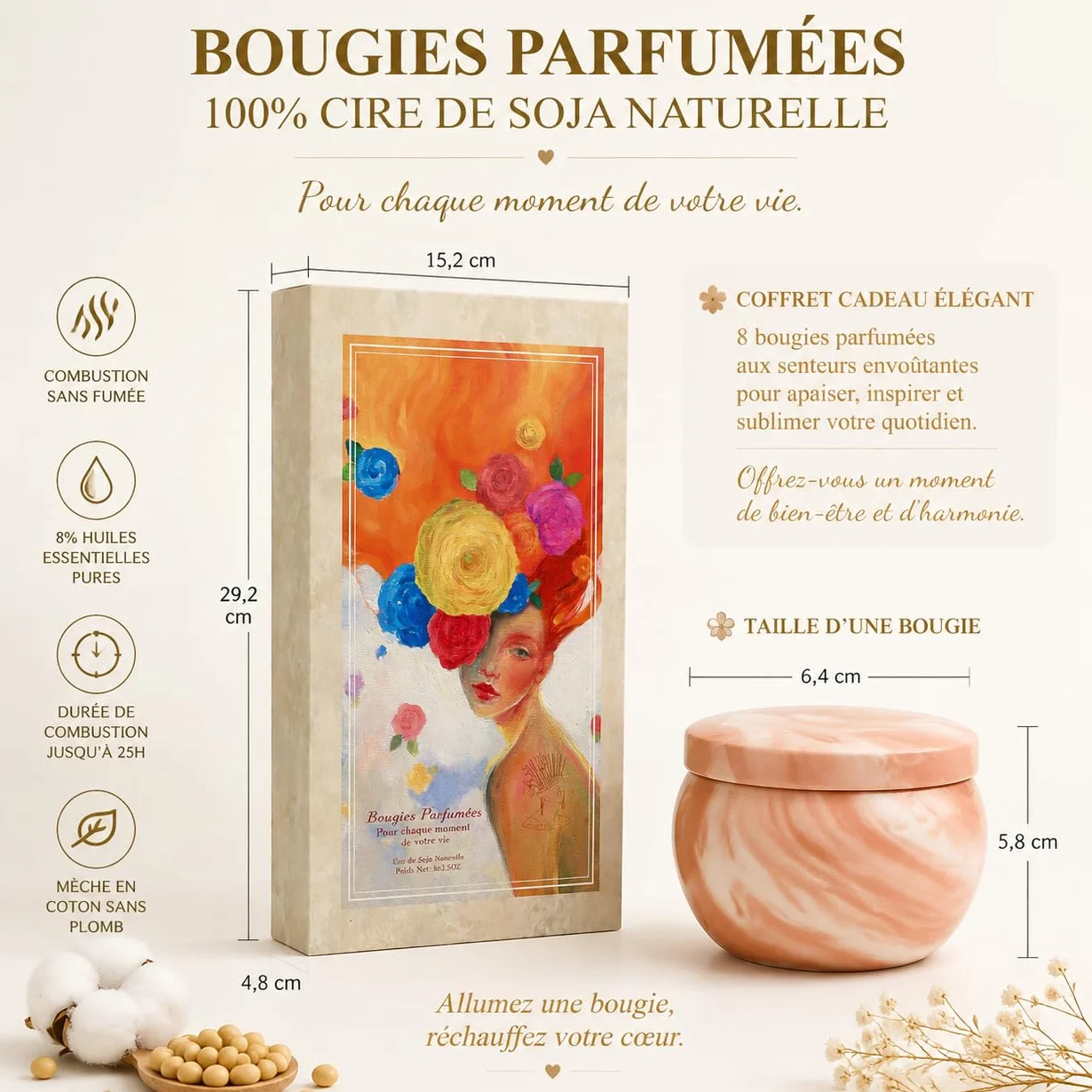 Coffret Bougies Parfumées Lot de 8 Longue Durée Cadeau Femme
