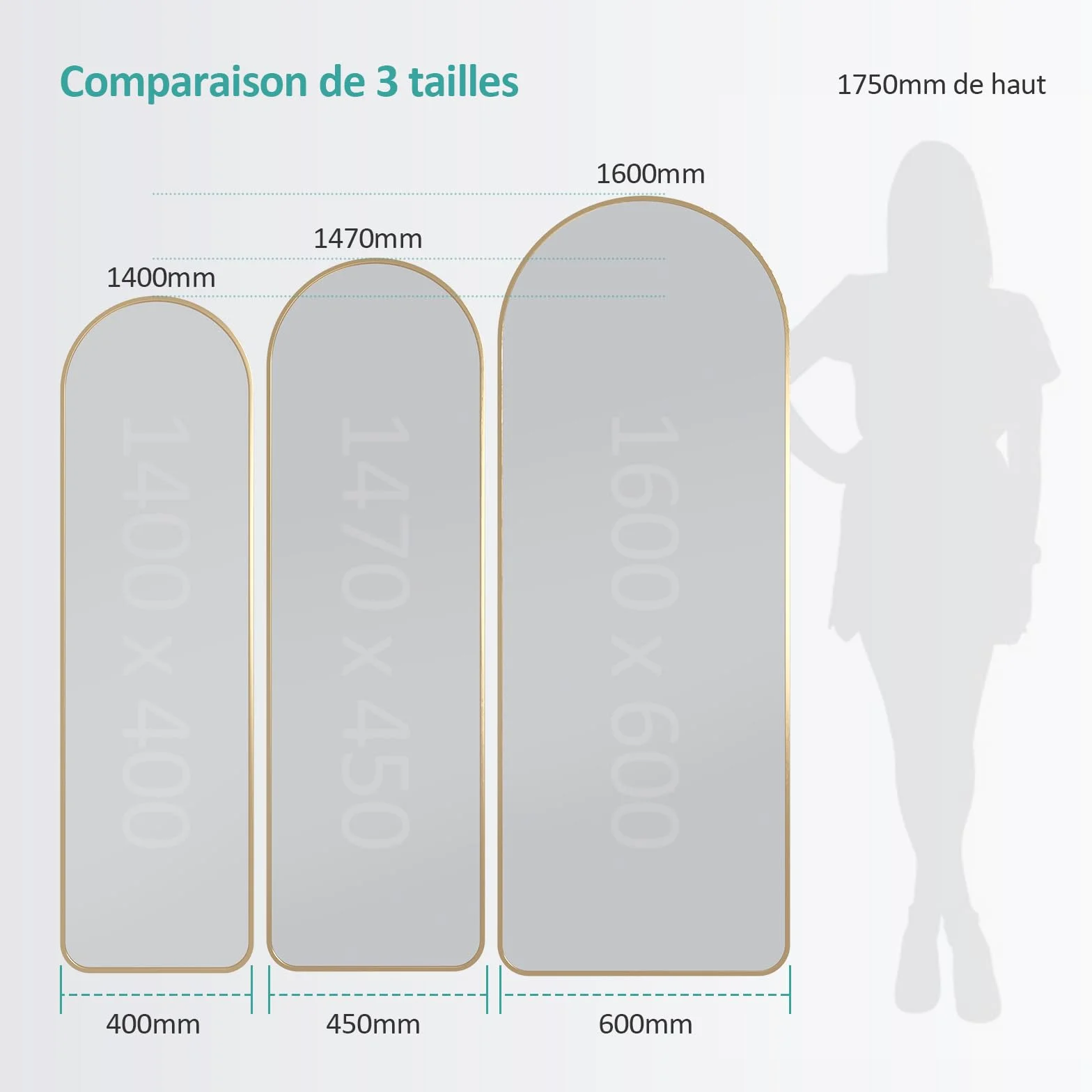 Miroir sur Pied 160 x 60 cm Cadre Aluminium Doré pour Salon Chambre